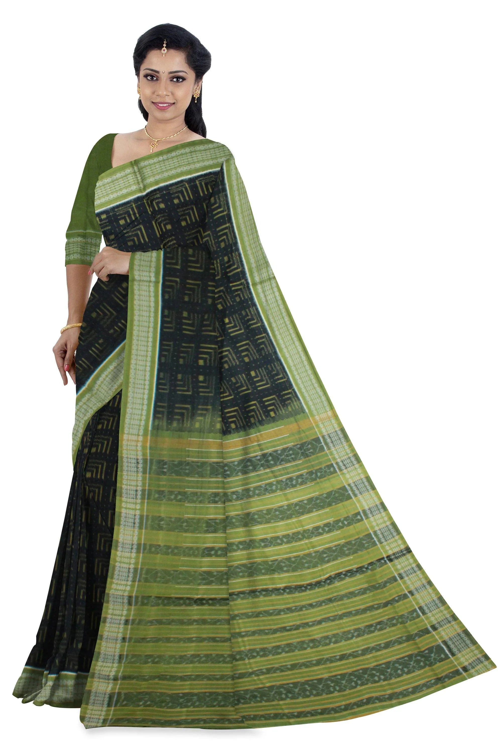 A Sambalpuri Handwoven Black Color Saree With Green Border And Pallu with Blouse Piece - Koshali Arts & Crafts Enterprise