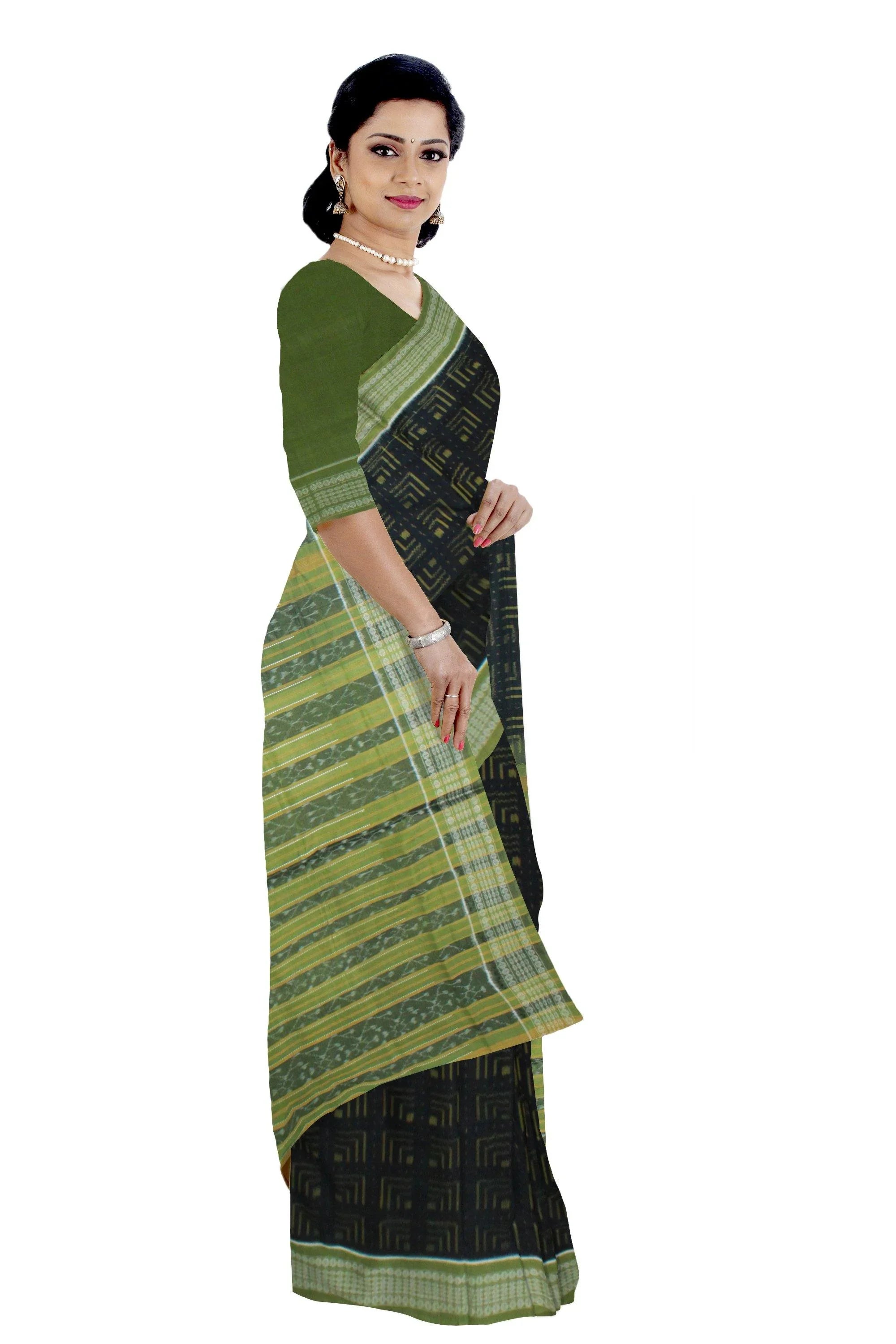 A Sambalpuri Handwoven Black Color Saree With Green Border And Pallu with Blouse Piece - Koshali Arts & Crafts Enterprise