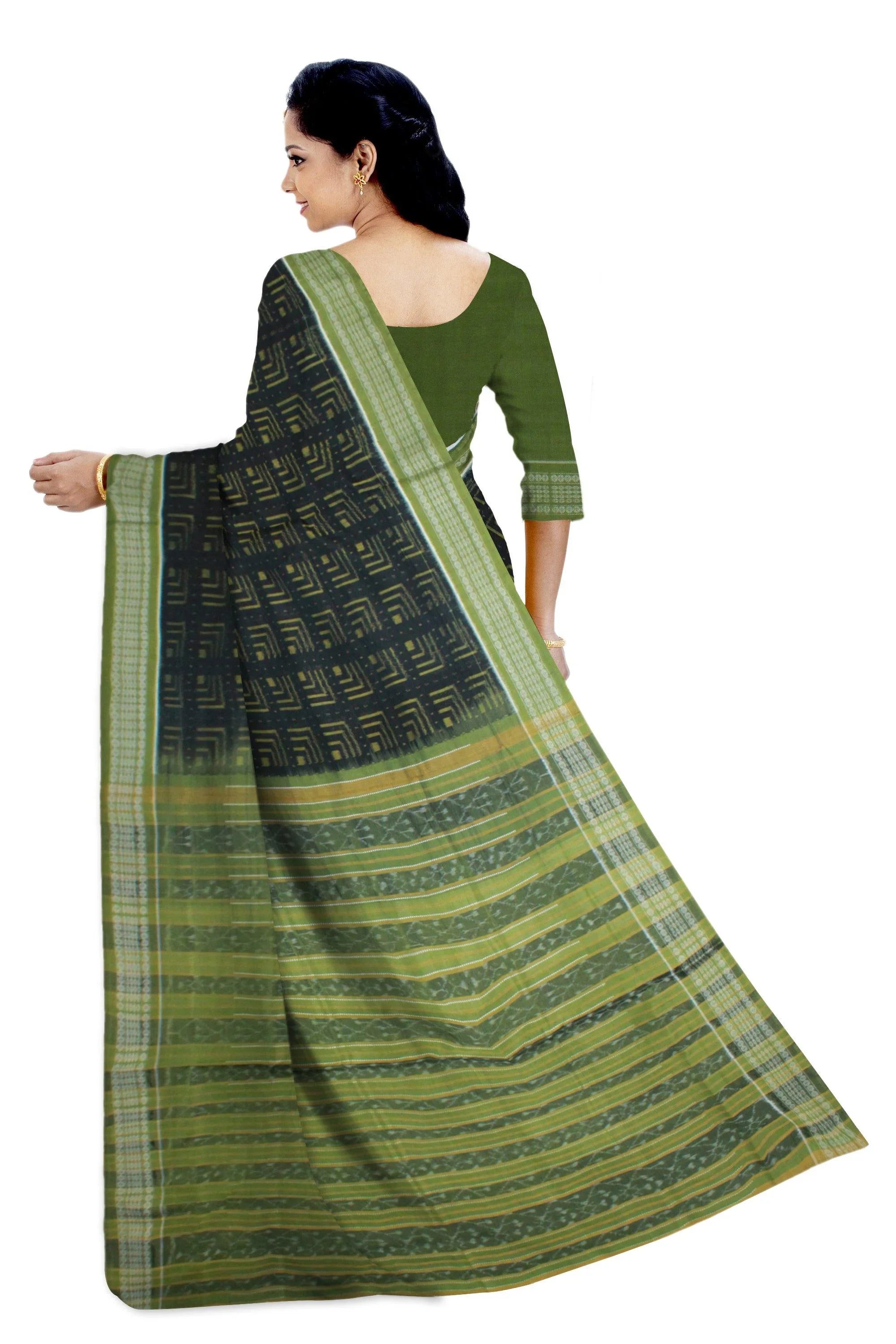 A Sambalpuri Handwoven Black Color Saree With Green Border And Pallu with Blouse Piece - Koshali Arts & Crafts Enterprise