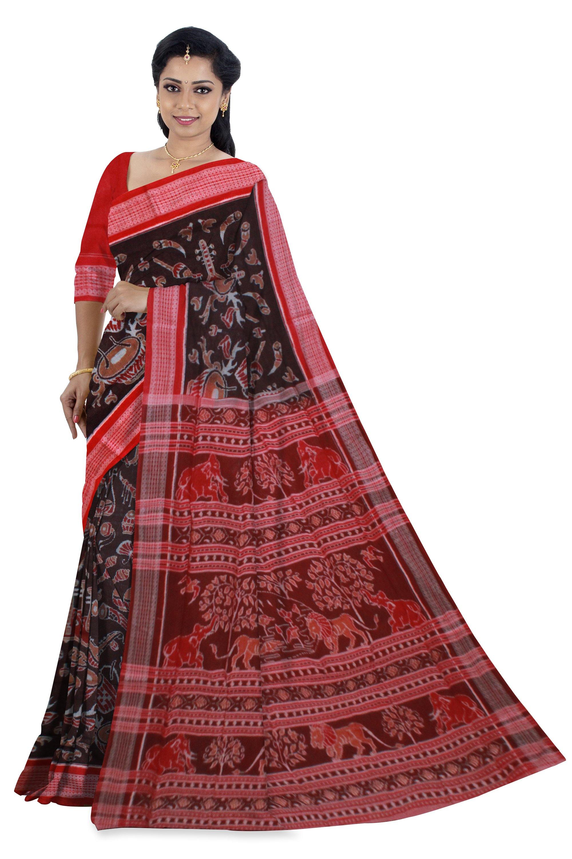 Brown color cotton Saree with Musical Instrument Design - Koshali Arts & Crafts Enterprise