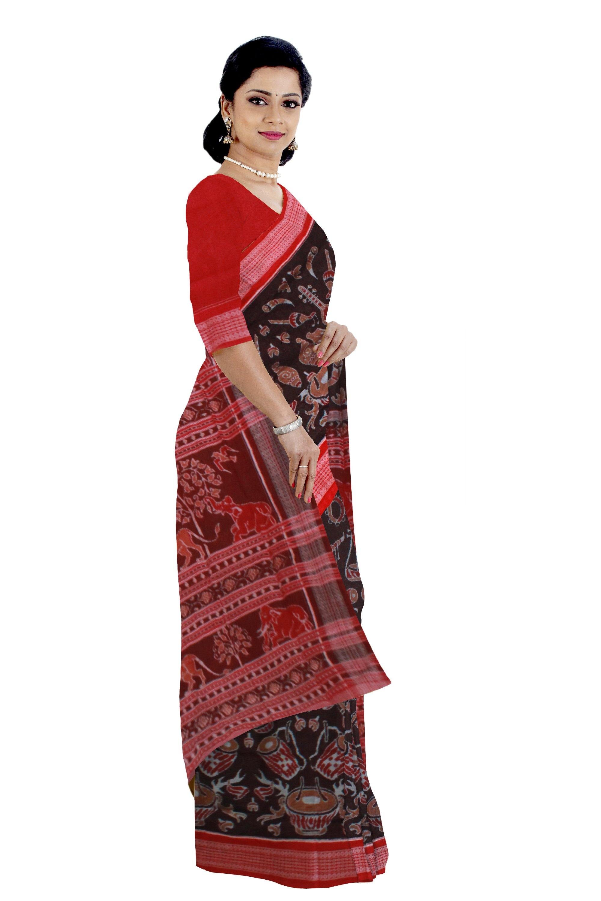 Brown color cotton Saree with Musical Instrument Design - Koshali Arts & Crafts Enterprise