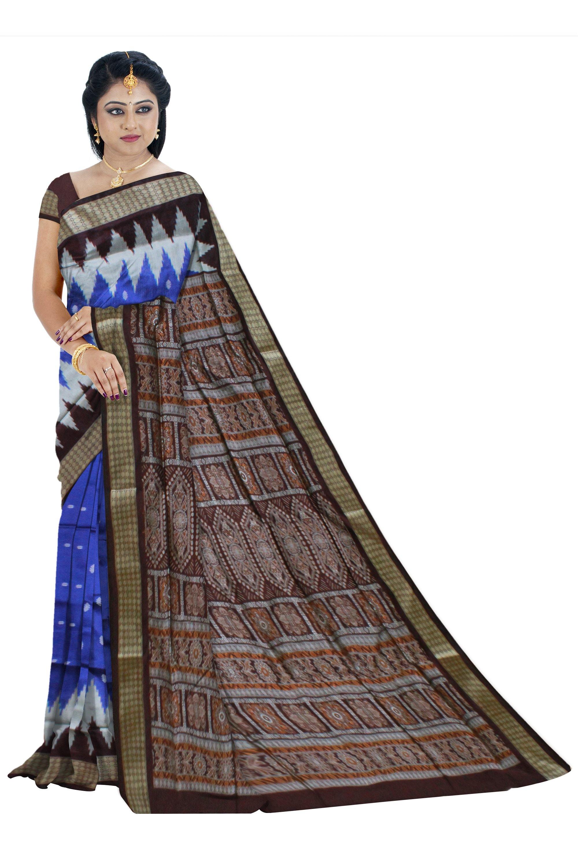 A Sambalpuri Pata Saree with Bomkei pattern In Blue Color With Blouse Piece - Koshali Arts & Crafts Enterprise