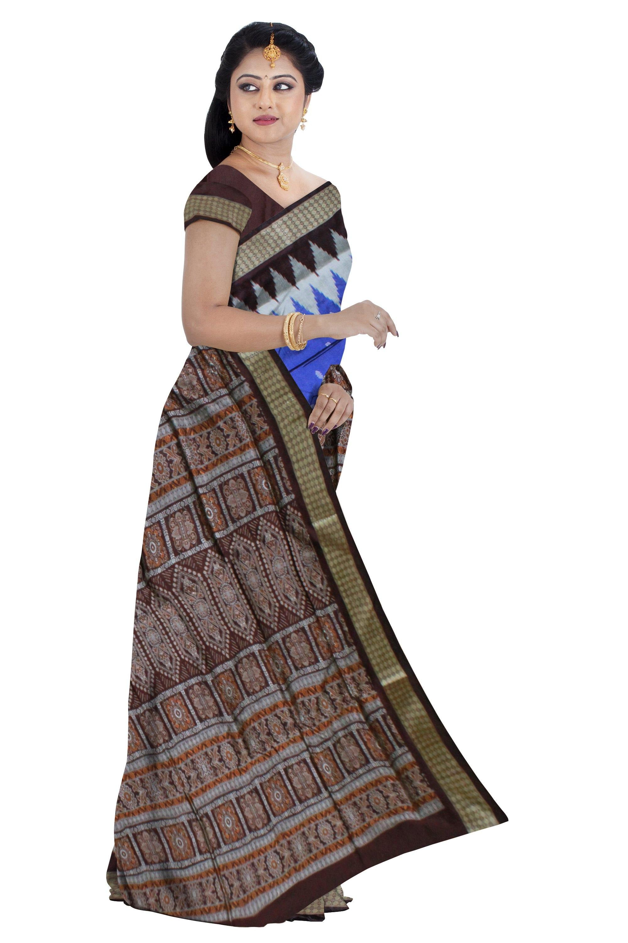 A Sambalpuri Pata Saree with Bomkei pattern In Blue Color With Blouse Piece - Koshali Arts & Crafts Enterprise