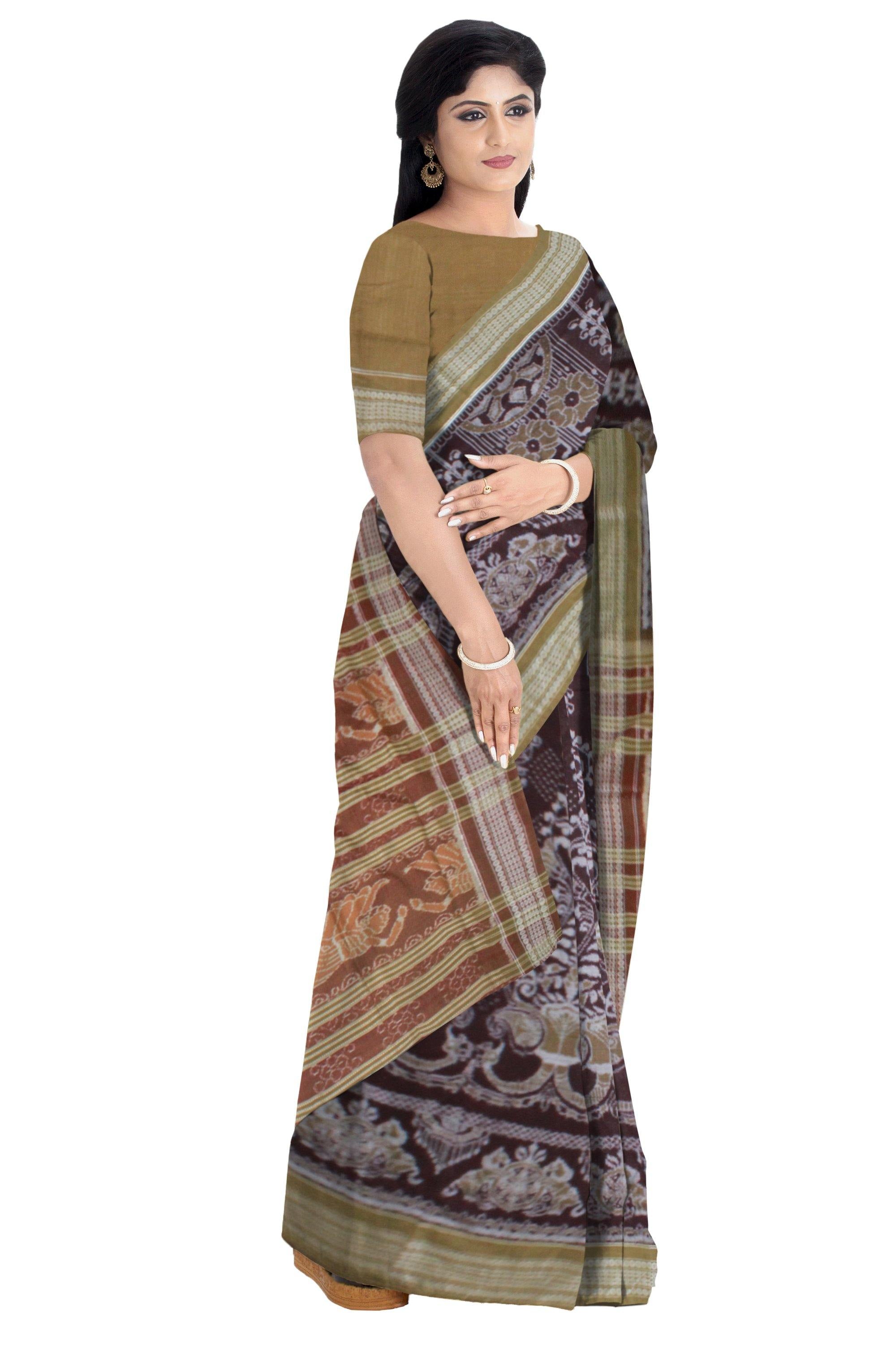 Dark brown Sambalpuri Cotton IKAT saree - Koshali Arts & Crafts Enterprise