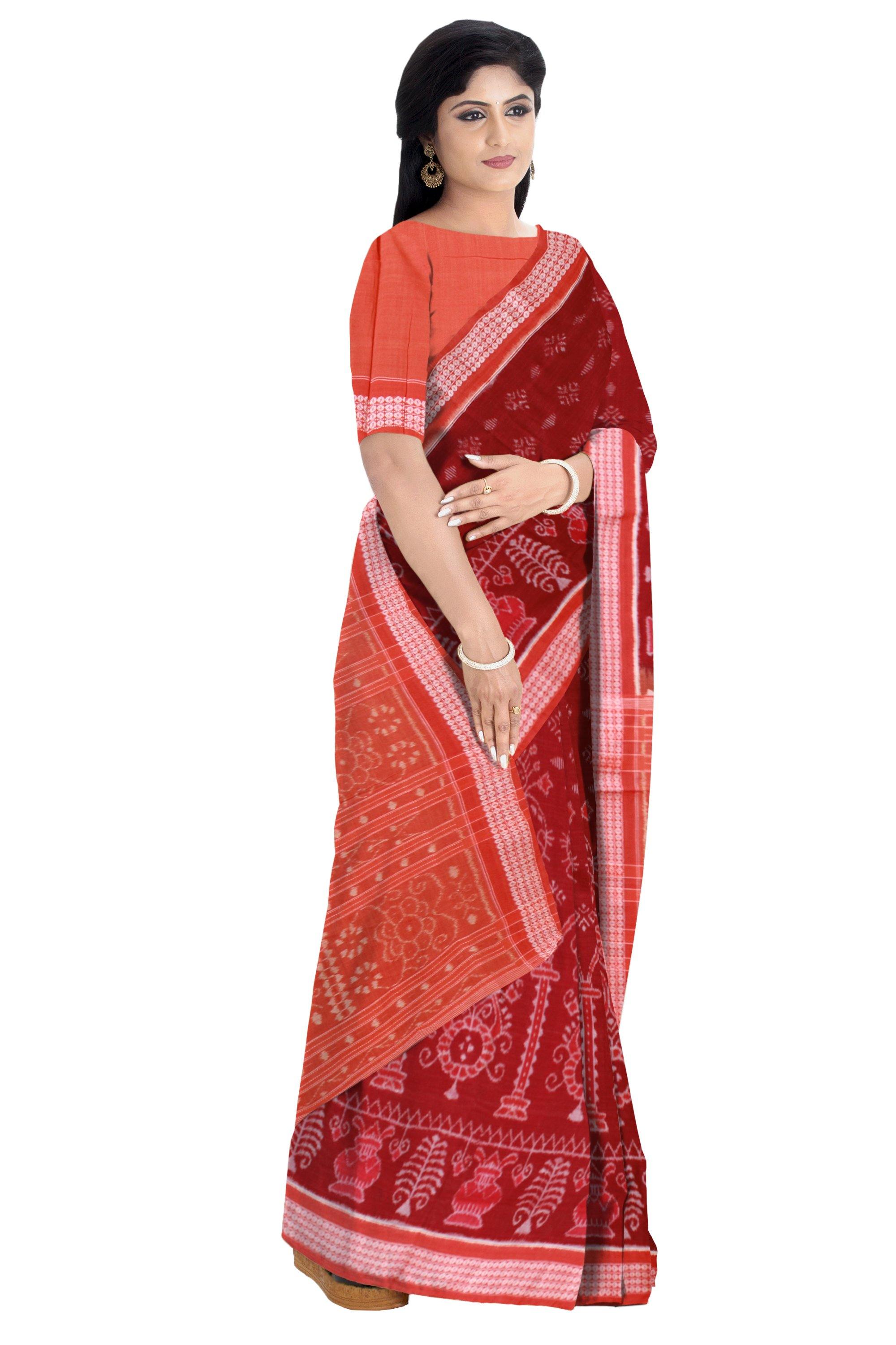 Brown color flora print cotton Sambalpuri saree with blouse piece - Koshali Arts & Crafts Enterprise