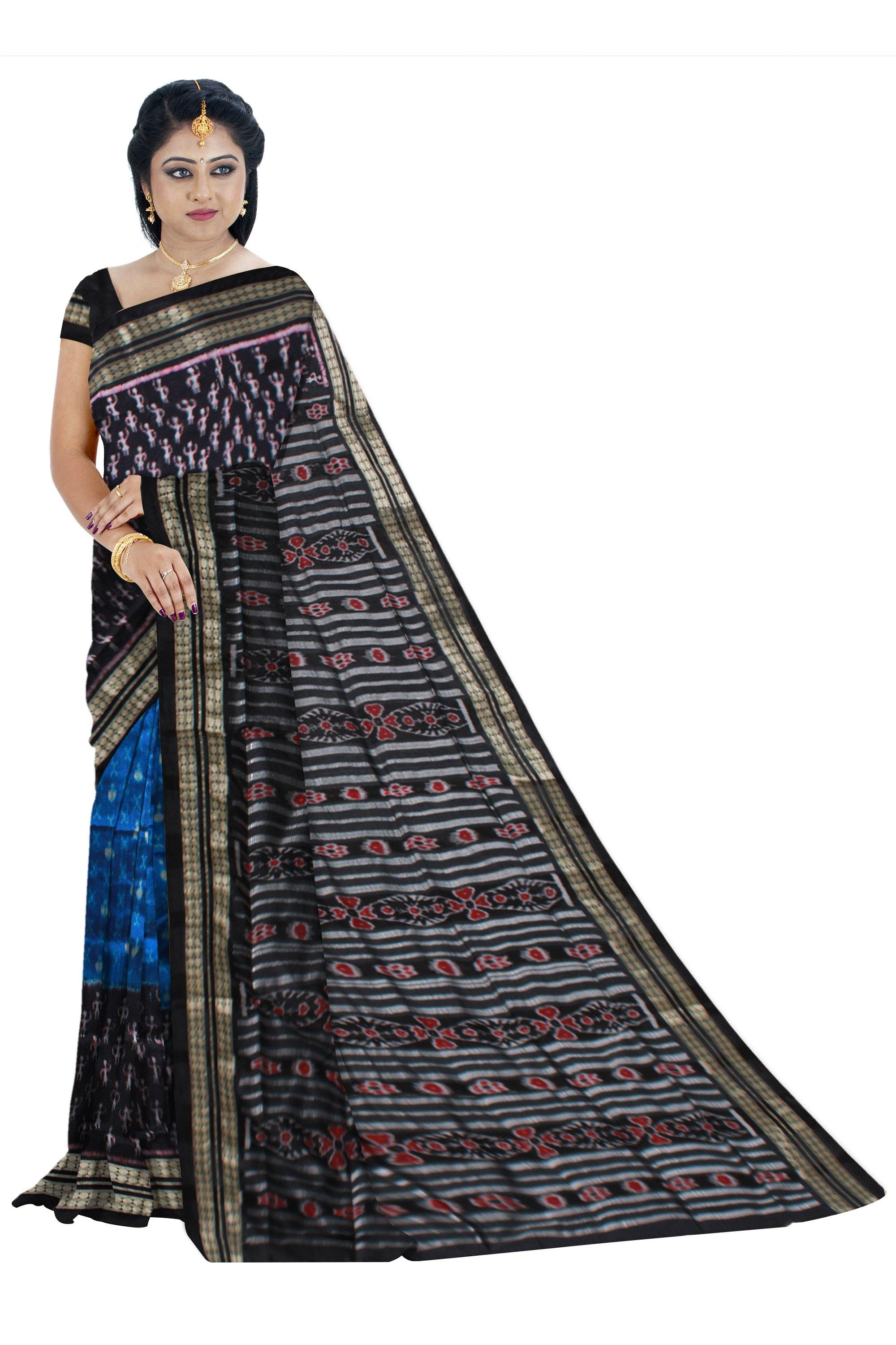 Blue color pata saree, Black in pallu. With blouse piece - Koshali Arts & Crafts Enterprise