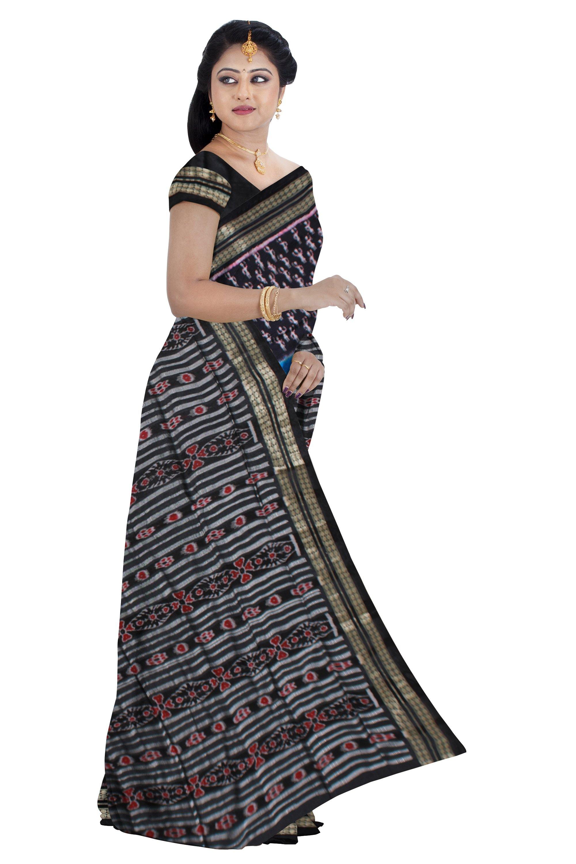 Blue color pata saree, Black in pallu. With blouse piece - Koshali Arts & Crafts Enterprise