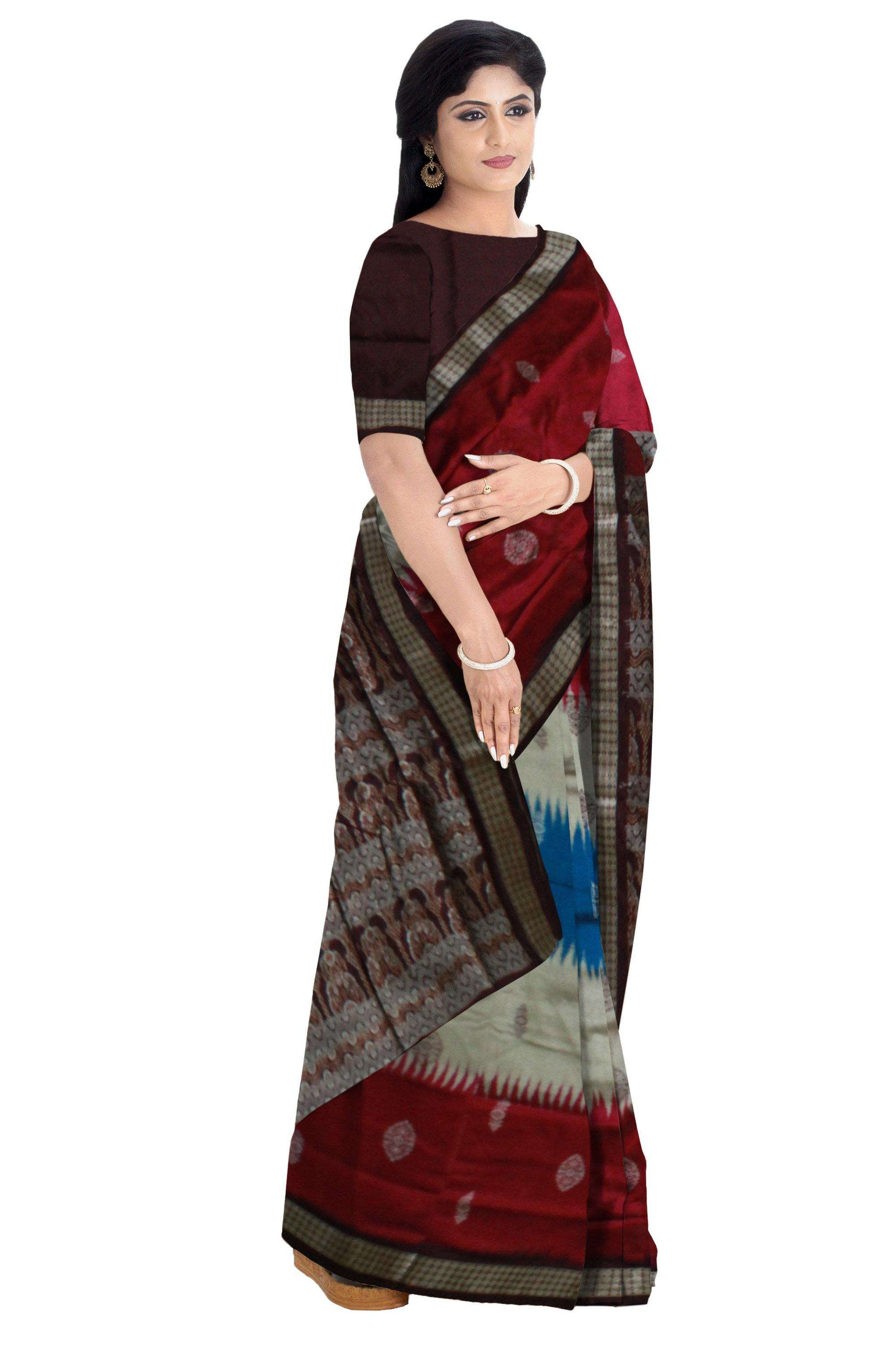 Red, Blue & Grey Colour Sambalpuri Pata Saree with small bomkei pattern with blouse piece - Koshali Arts & Crafts Enterprise