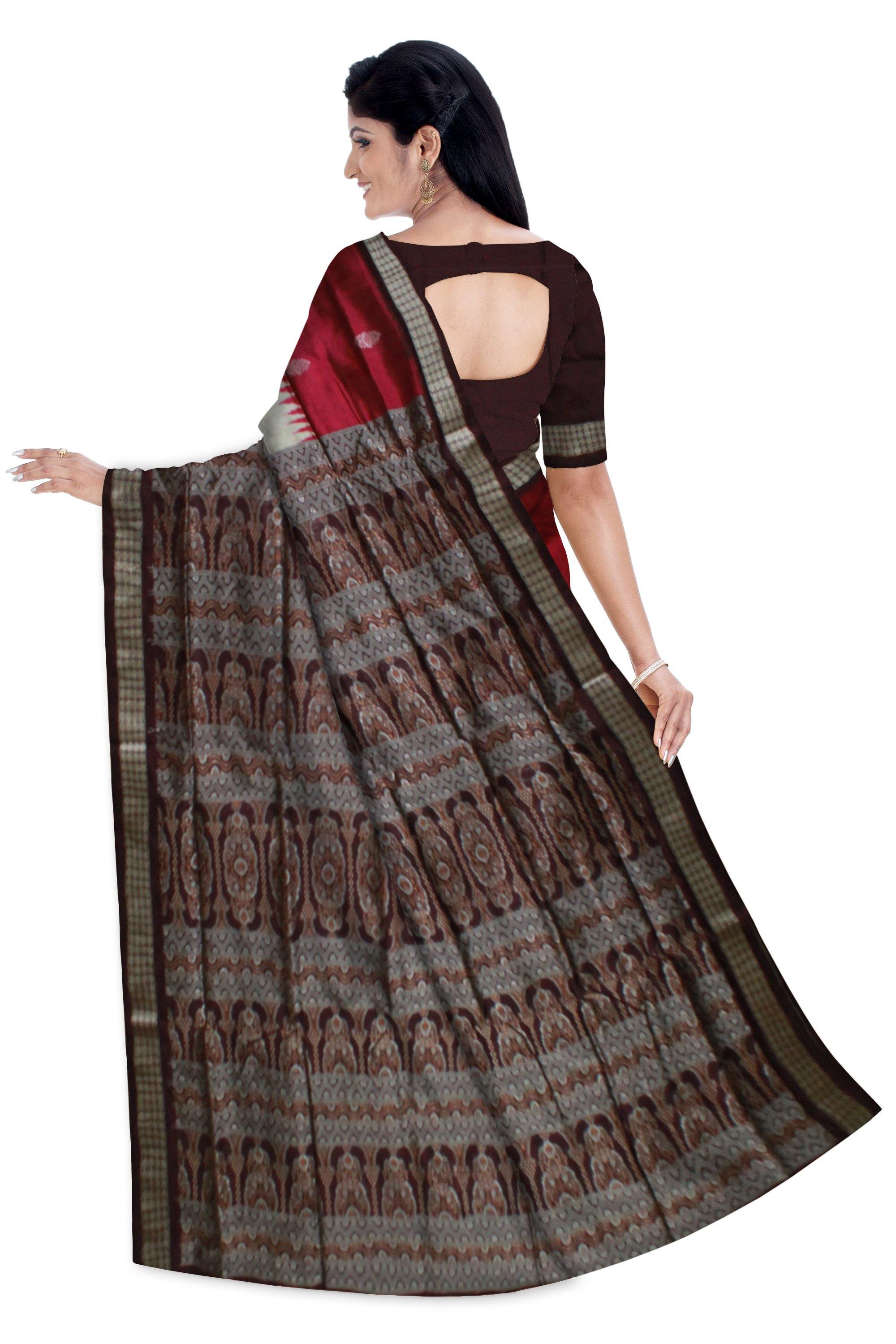 Red, Blue & Grey Colour Sambalpuri Pata Saree with small bomkei pattern with blouse piece - Koshali Arts & Crafts Enterprise