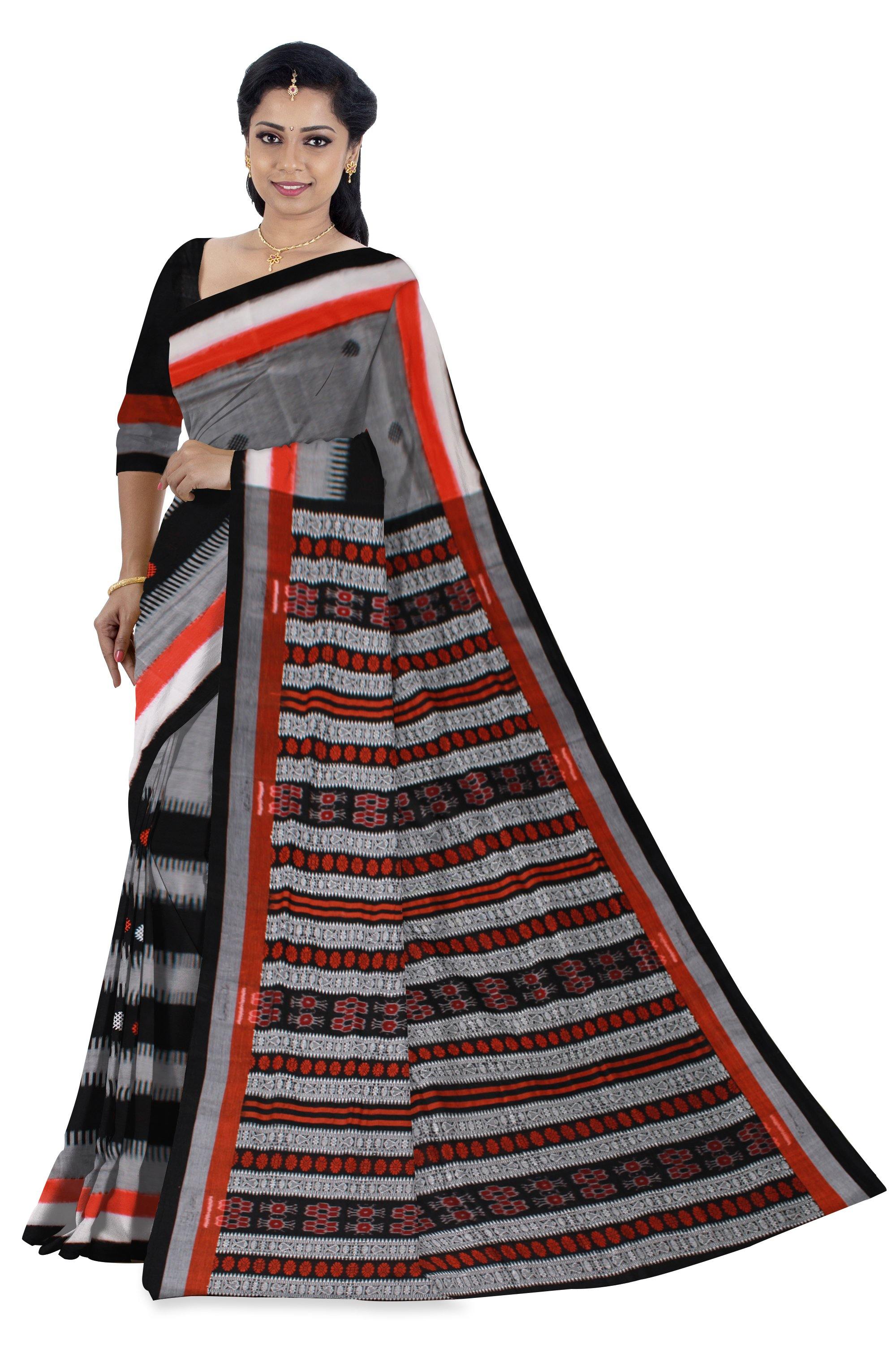 Sambalpuri handwoven saree in gray and black color with blouse piece - Koshali Arts & Crafts Enterprise