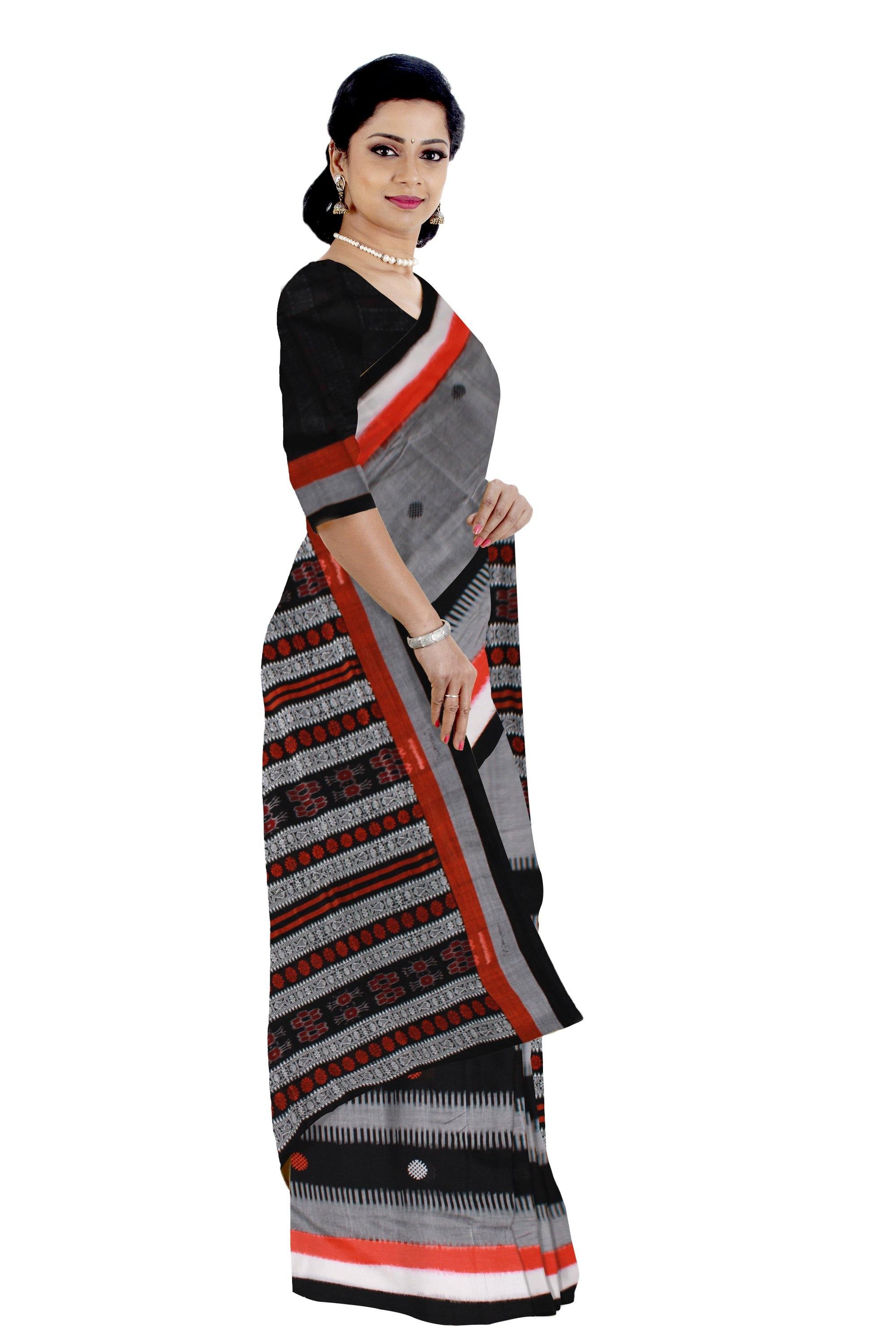 Sambalpuri handwoven saree in gray and black color with blouse piece - Koshali Arts & Crafts Enterprise