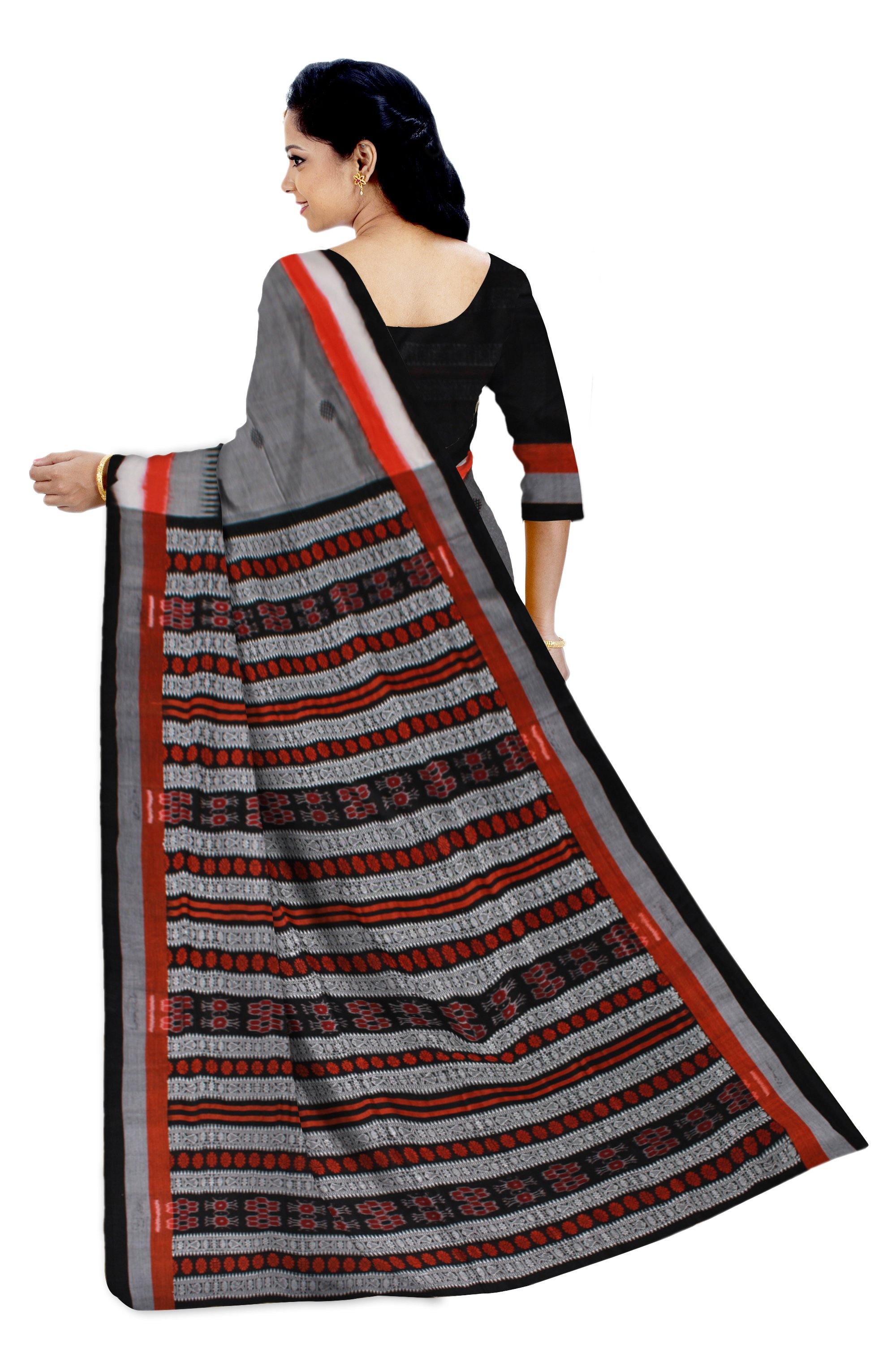 Sambalpuri handwoven saree in gray and black color with blouse piece - Koshali Arts & Crafts Enterprise