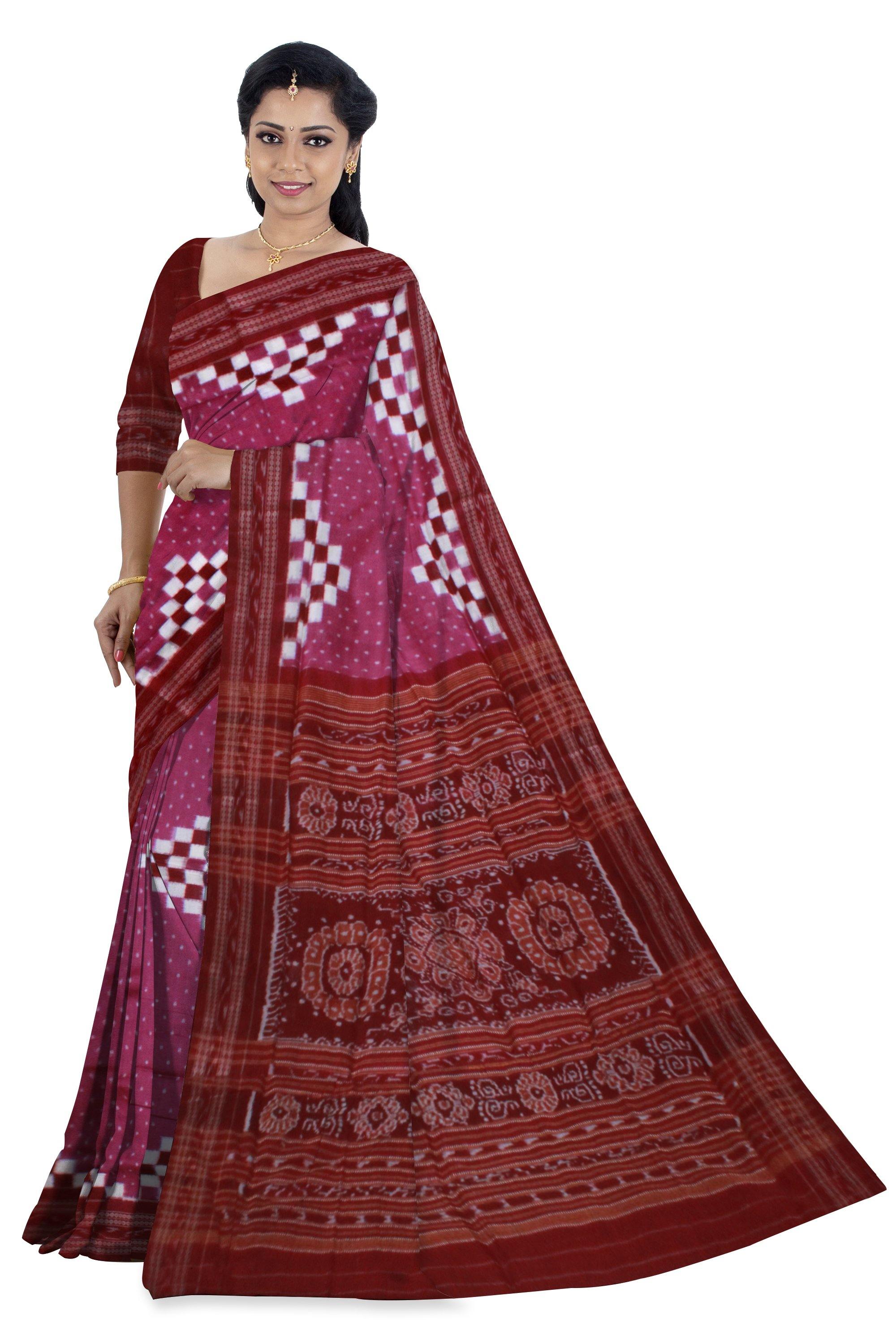 Pink Sambalpuri Sapta design Cotton Saree without blouse piece. - Koshali Arts & Crafts Enterprise