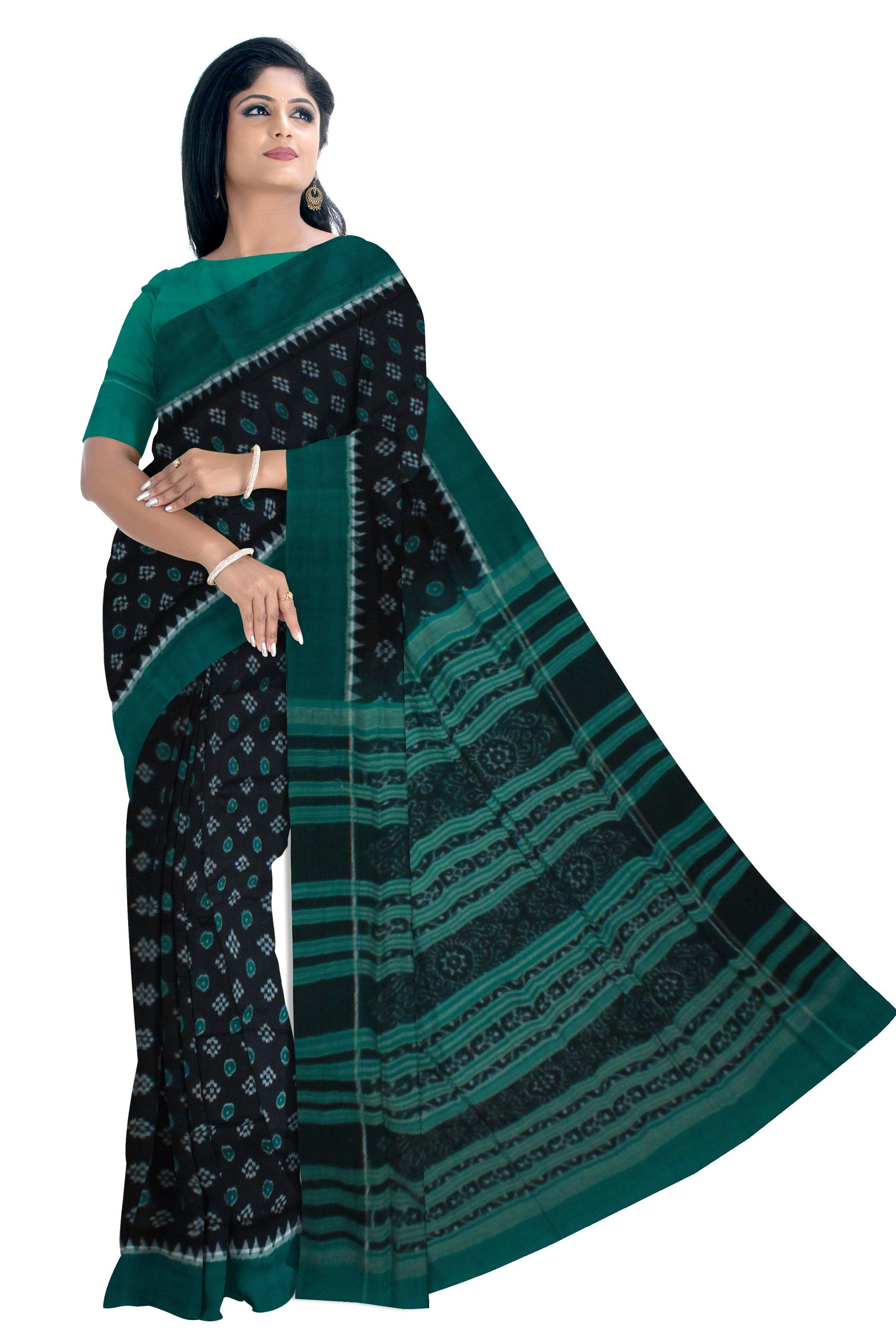 Sambalpuri Handwoven IKAT cotton Saree With plane border in Black and Green Color with Blouse Piece - Koshali Arts & Crafts Enterprise
