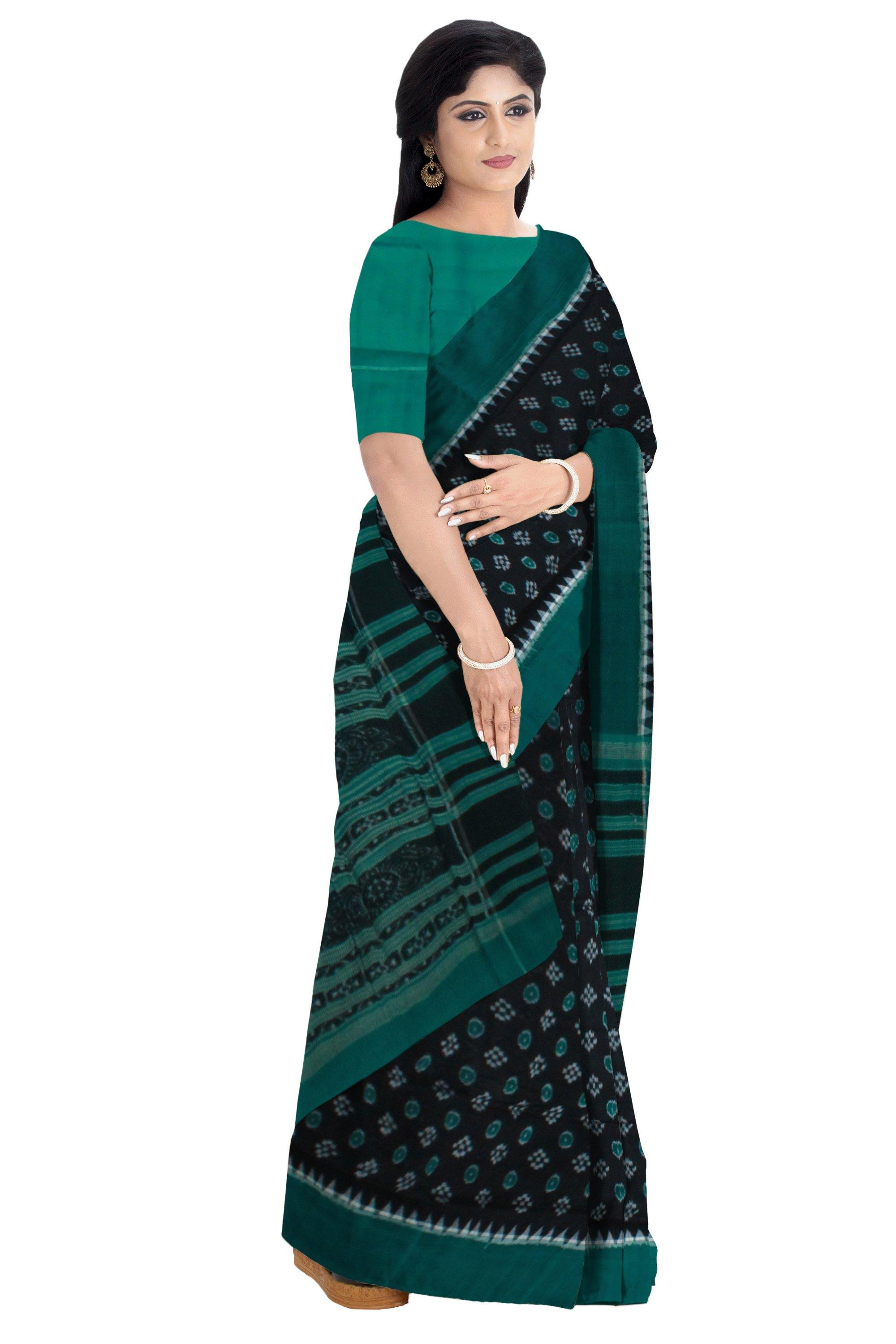 Sambalpuri Handwoven IKAT cotton Saree With plane border in Black and Green Color with Blouse Piece - Koshali Arts & Crafts Enterprise