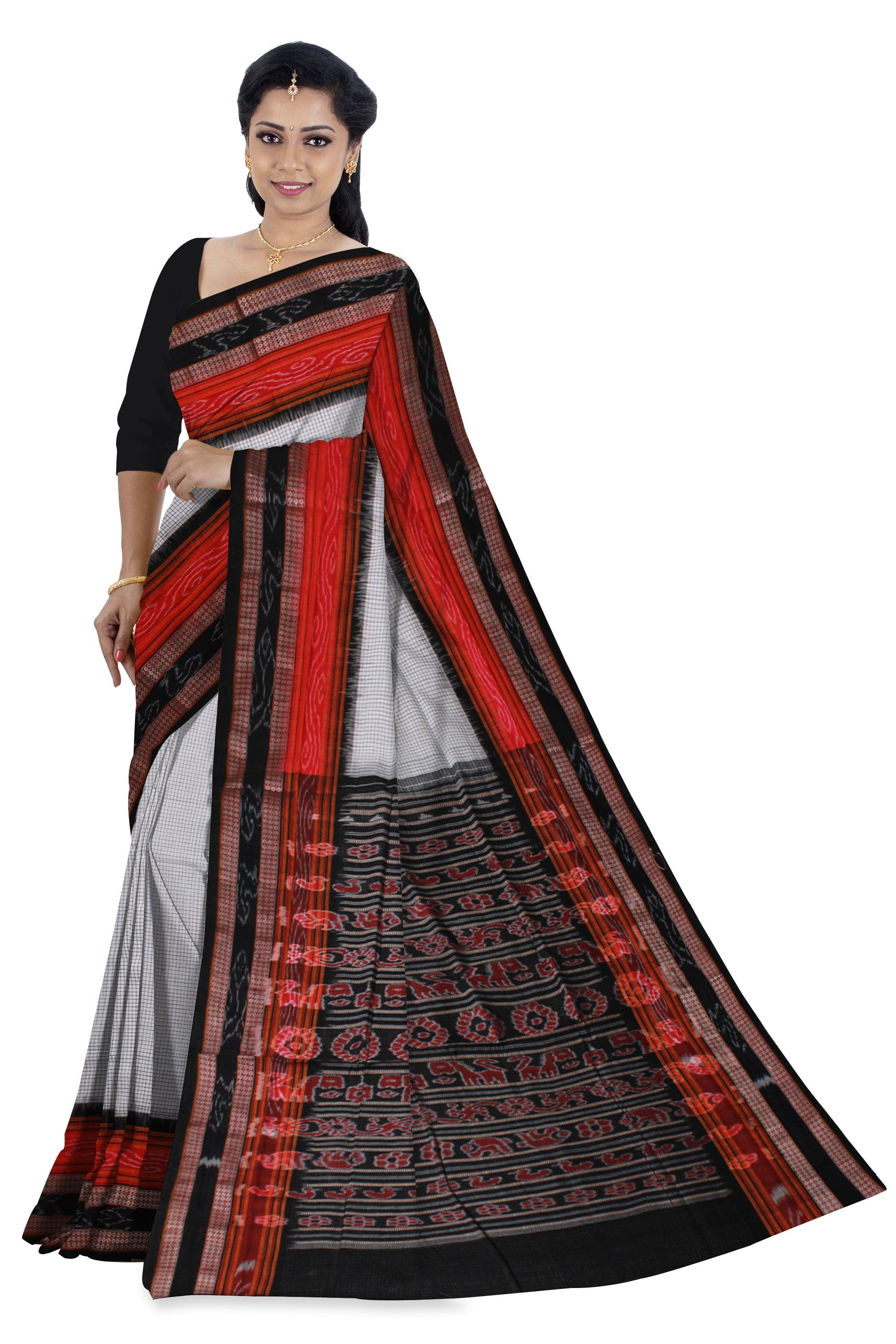 White color checked sachipur saree - Koshali Arts & Crafts Enterprise