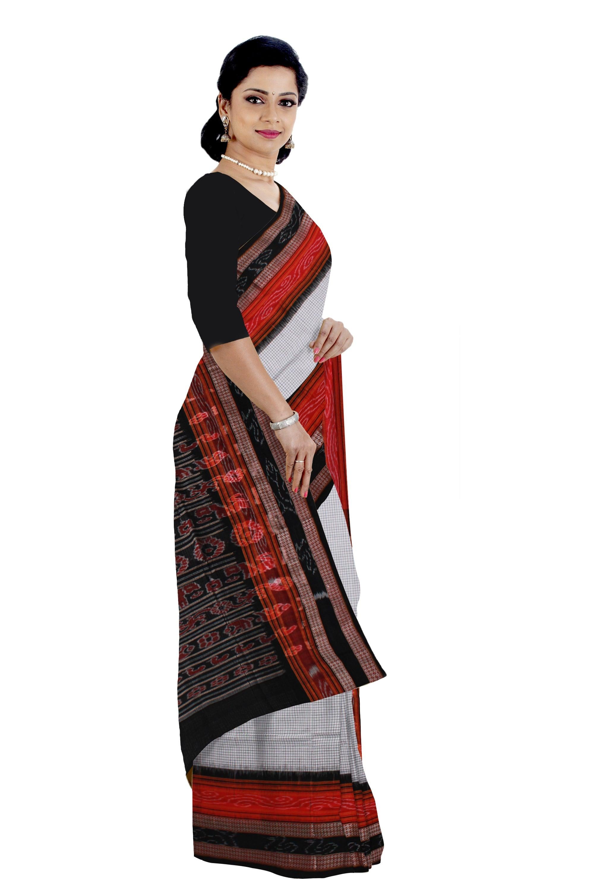White color checked sachipur saree - Koshali Arts & Crafts Enterprise