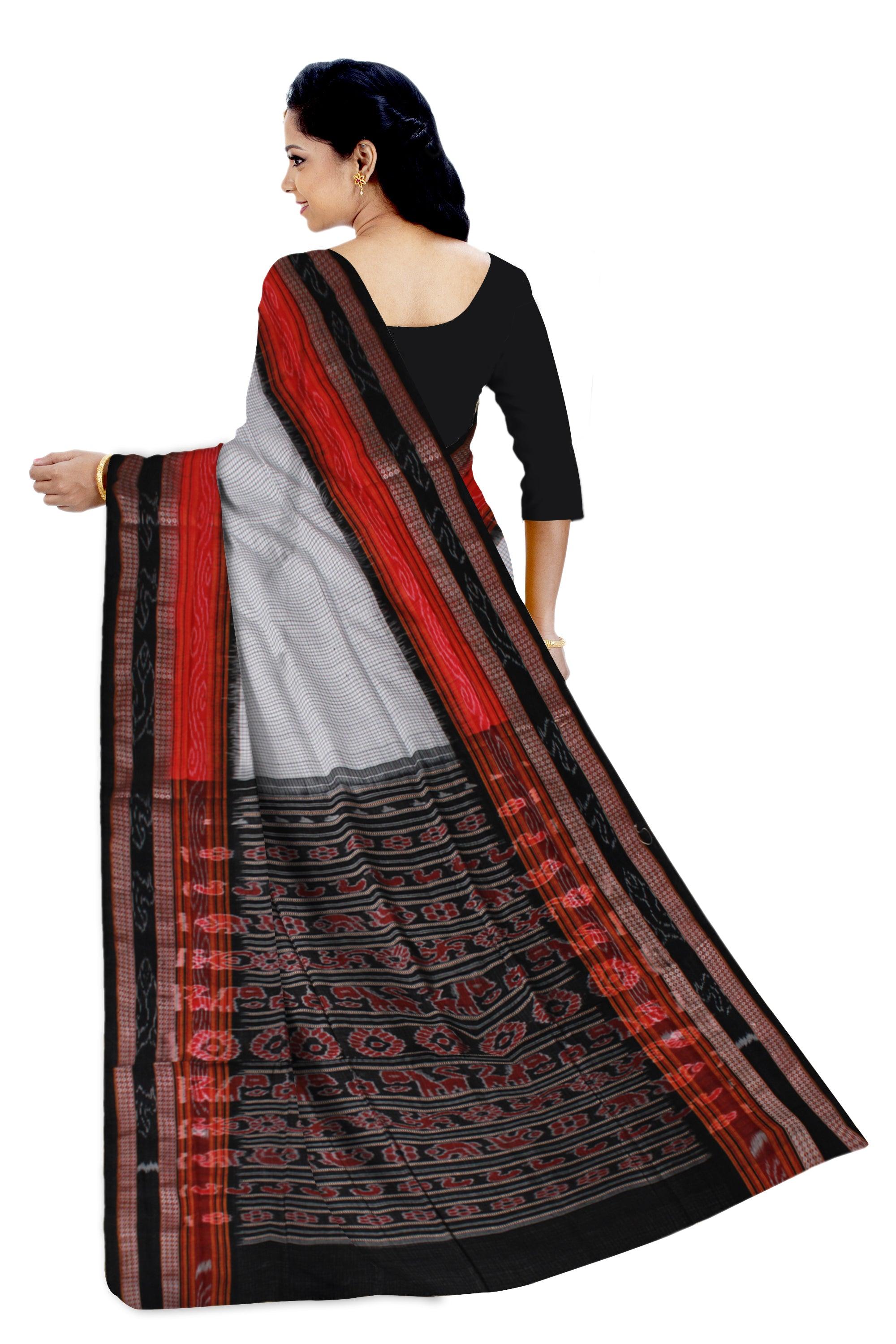 White color checked sachipur saree - Koshali Arts & Crafts Enterprise