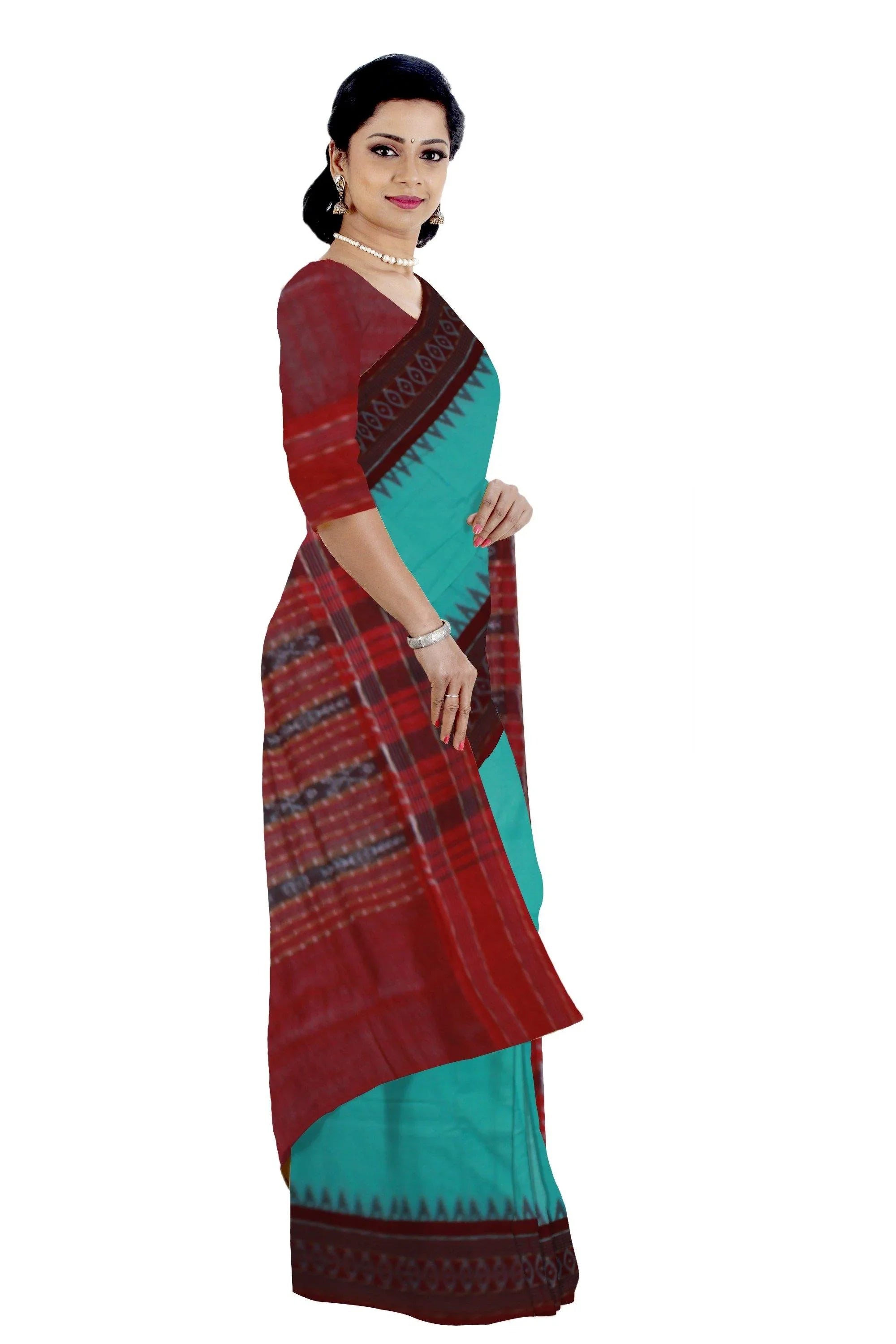 Handwoven Sambalpuri Saree, with plain body and brown border with blouse piece - Koshali Arts & Crafts Enterprise
