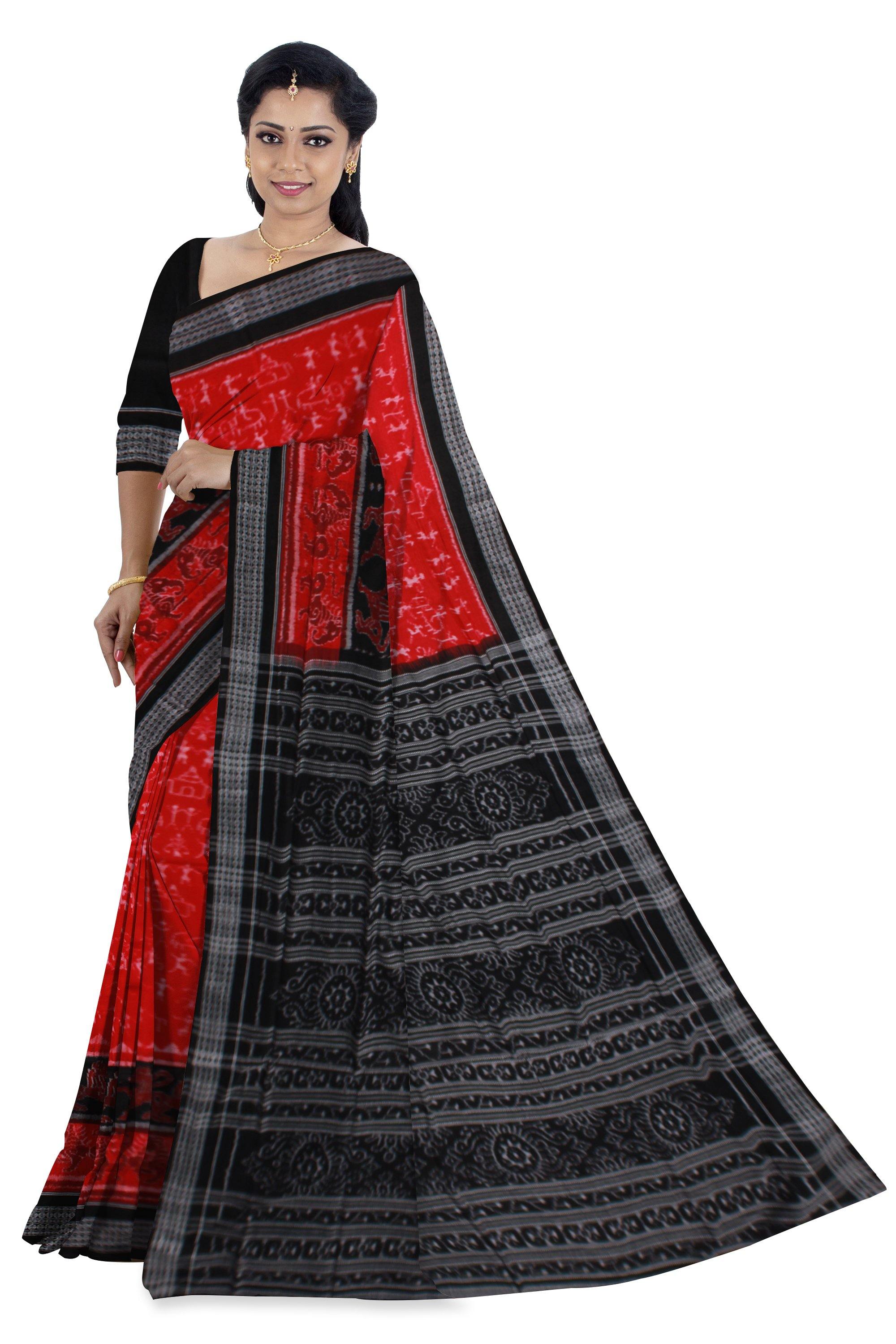 Tribal Dance Pattern Paper Bandha Cotton Saree in Red Colour - Koshali Arts & Crafts Enterprise
