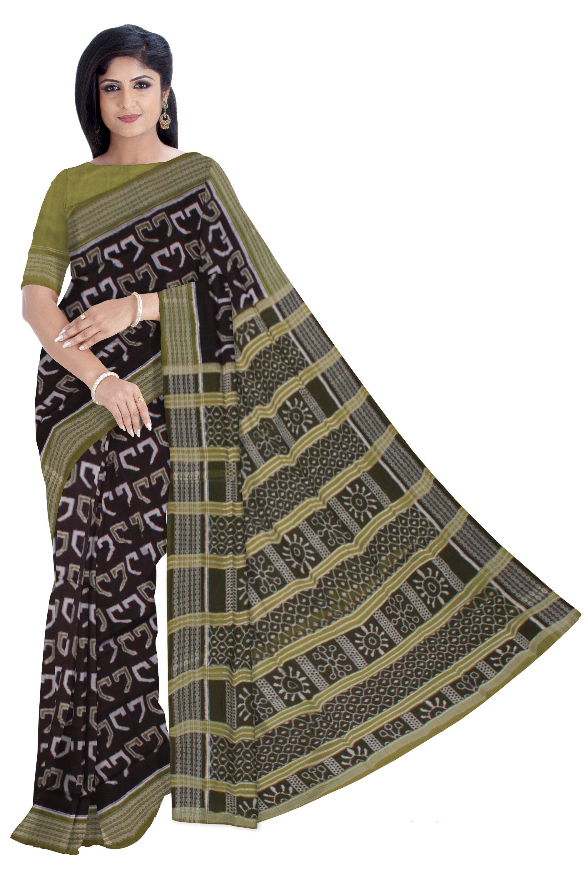 Latest design ikat saree in green and brown color, with blouse piece. - Koshali Arts & Crafts Enterprise