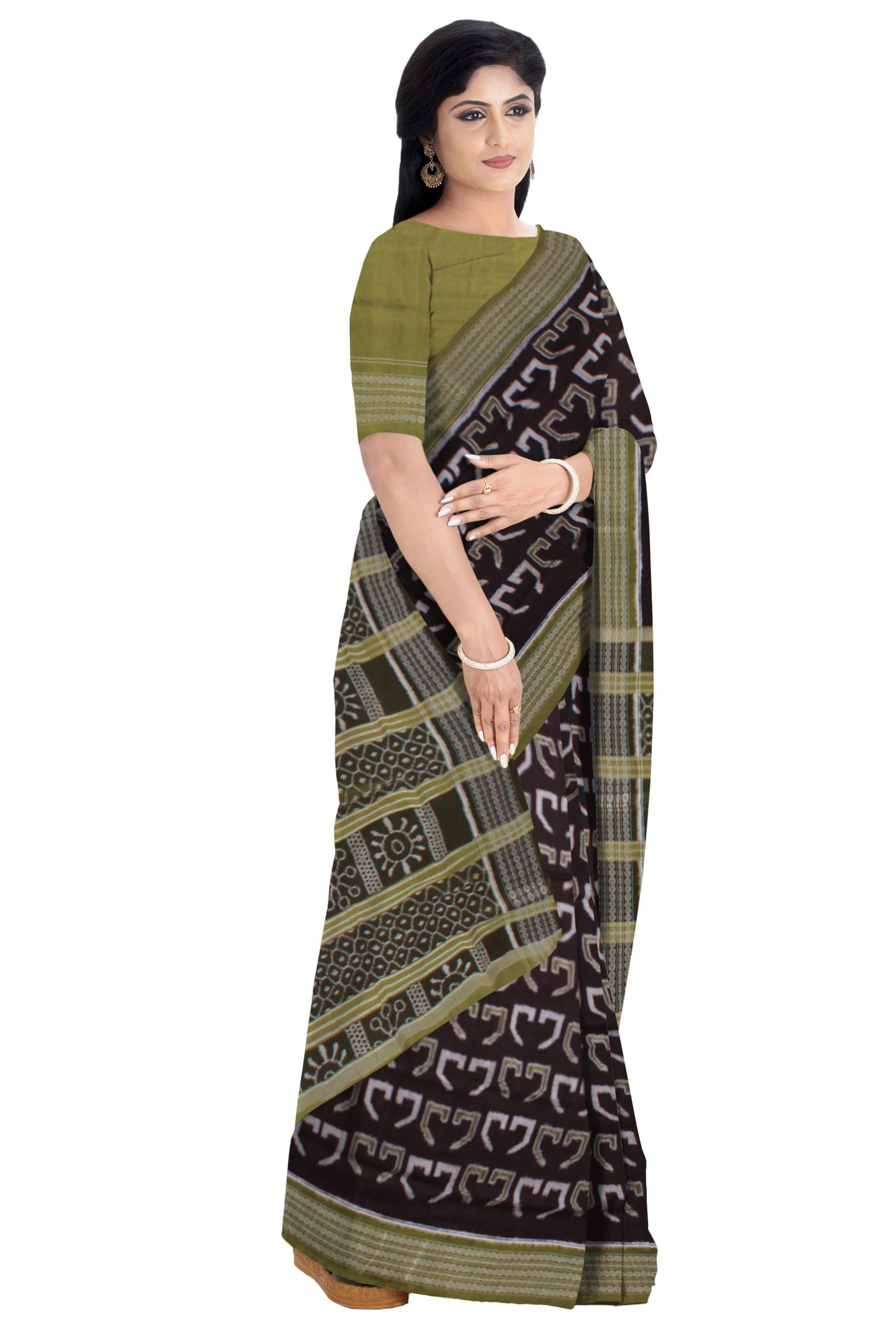 Latest design ikat saree in green and brown color, with blouse piece. - Koshali Arts & Crafts Enterprise