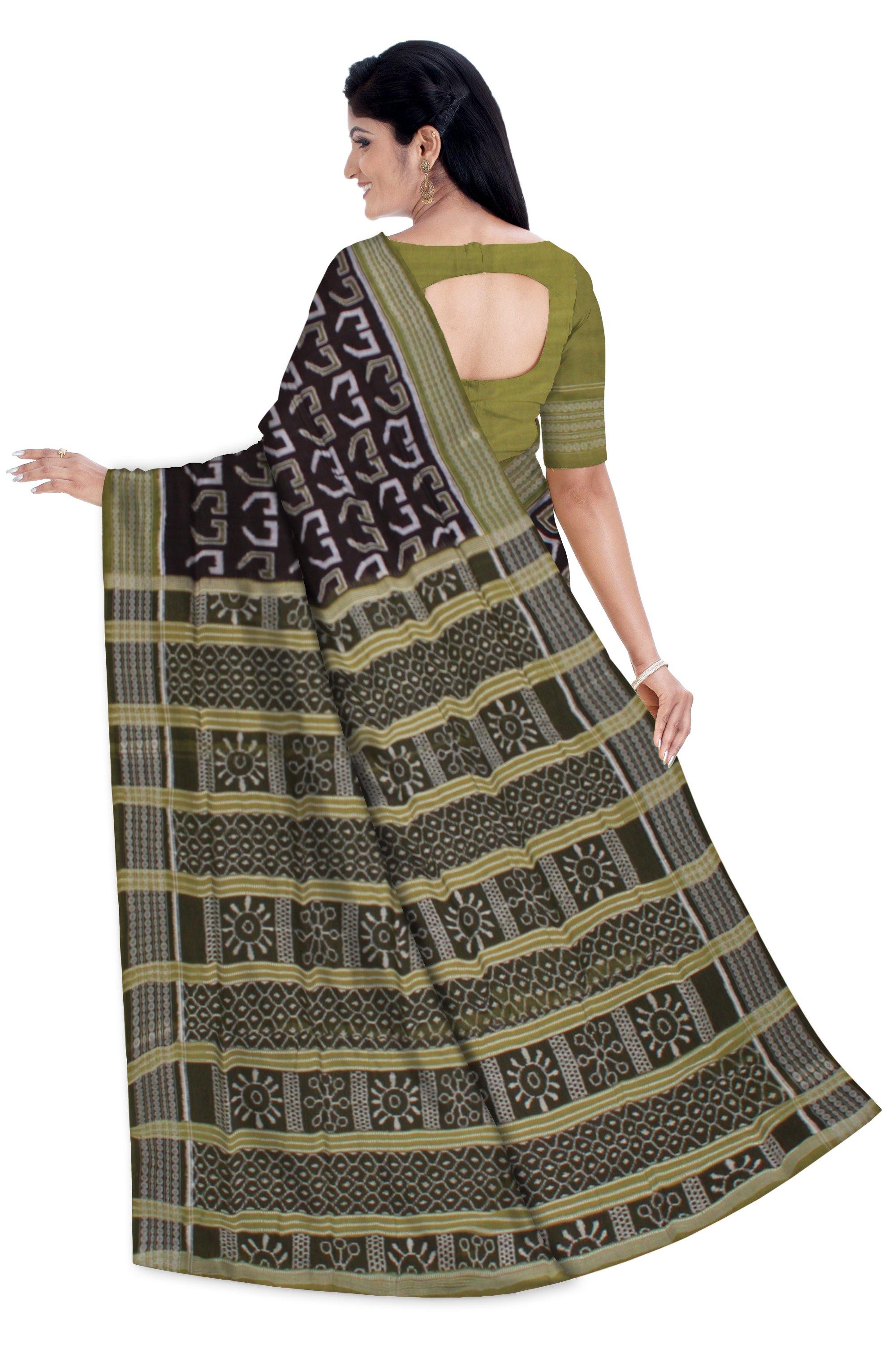 Latest design ikat saree in green and brown color, with blouse piece. - Koshali Arts & Crafts Enterprise