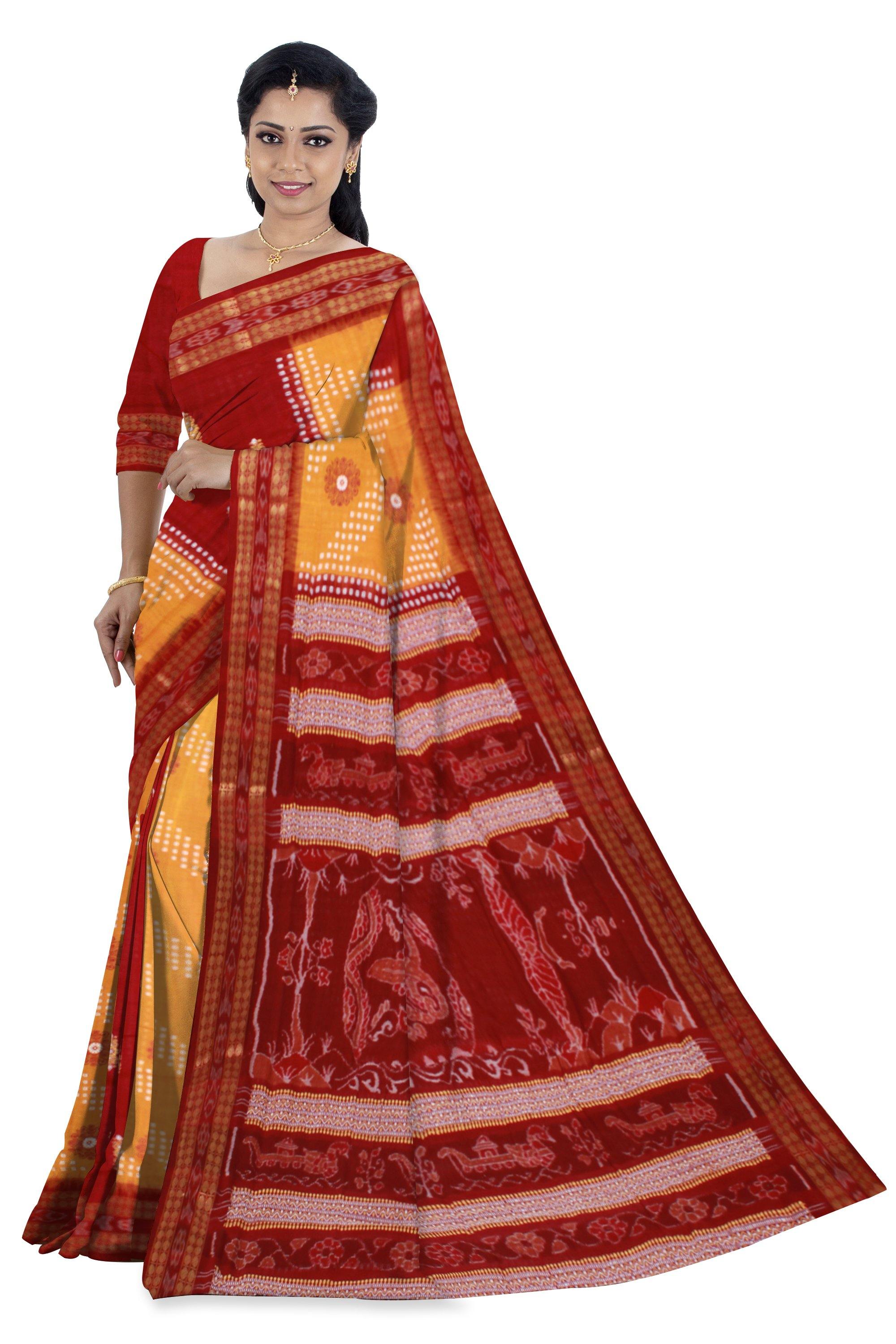 Sambalpuri traditional Bomkei saree in brown and yellow color in body and brown in pallu, with blouse piece - Koshali Arts & Crafts Enterprise