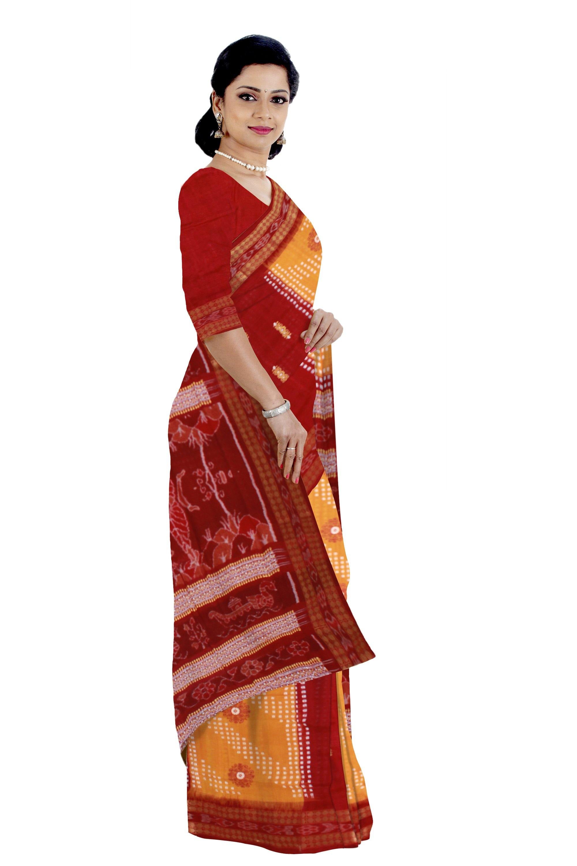 Sambalpuri traditional Bomkei saree in brown and yellow color in body and brown in pallu, with blouse piece - Koshali Arts & Crafts Enterprise