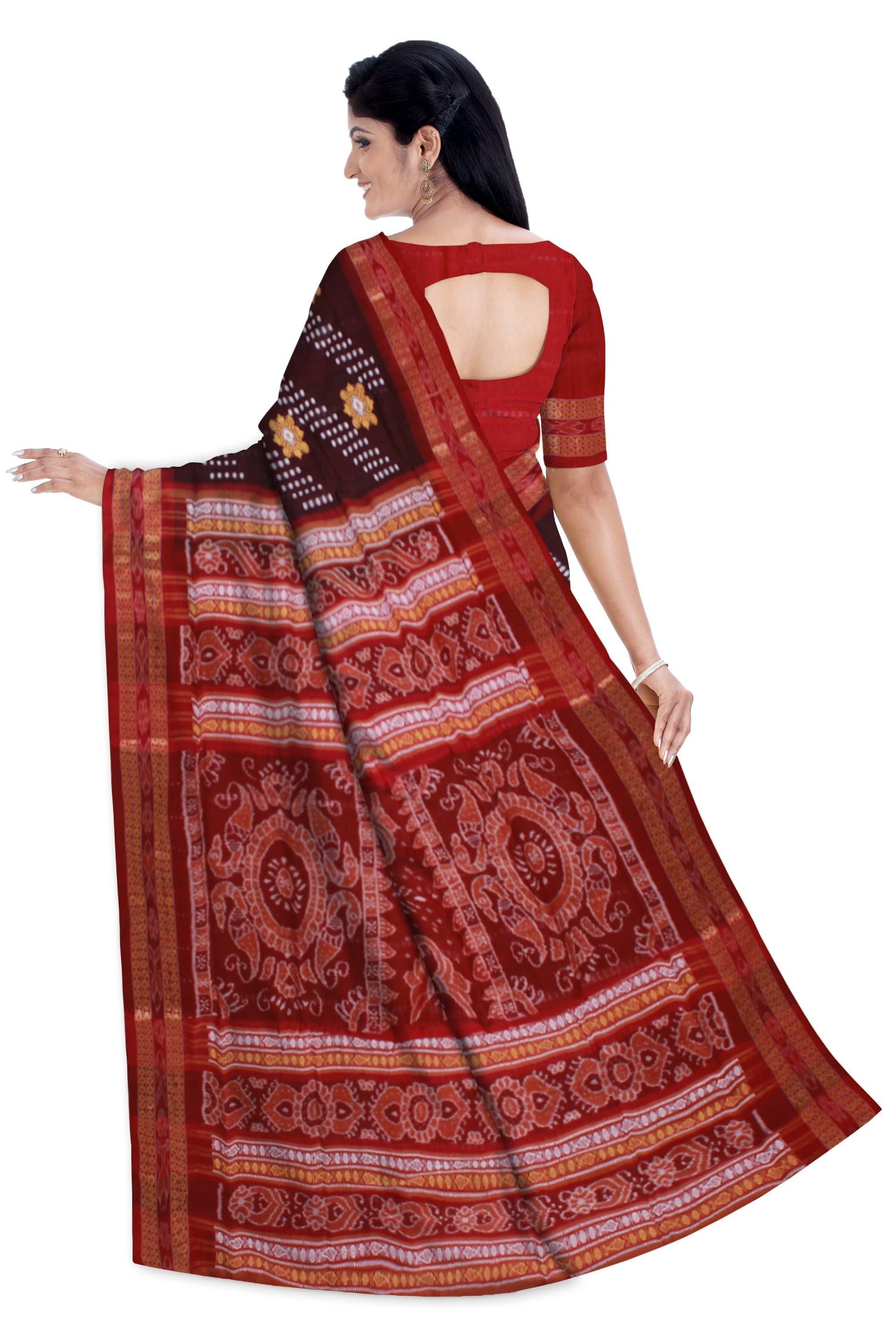 Exclusive Sambalpuri handwoven Bomkei pattern saree in Maroon and brown color. With blouse piece. - Koshali Arts & Crafts Enterprise