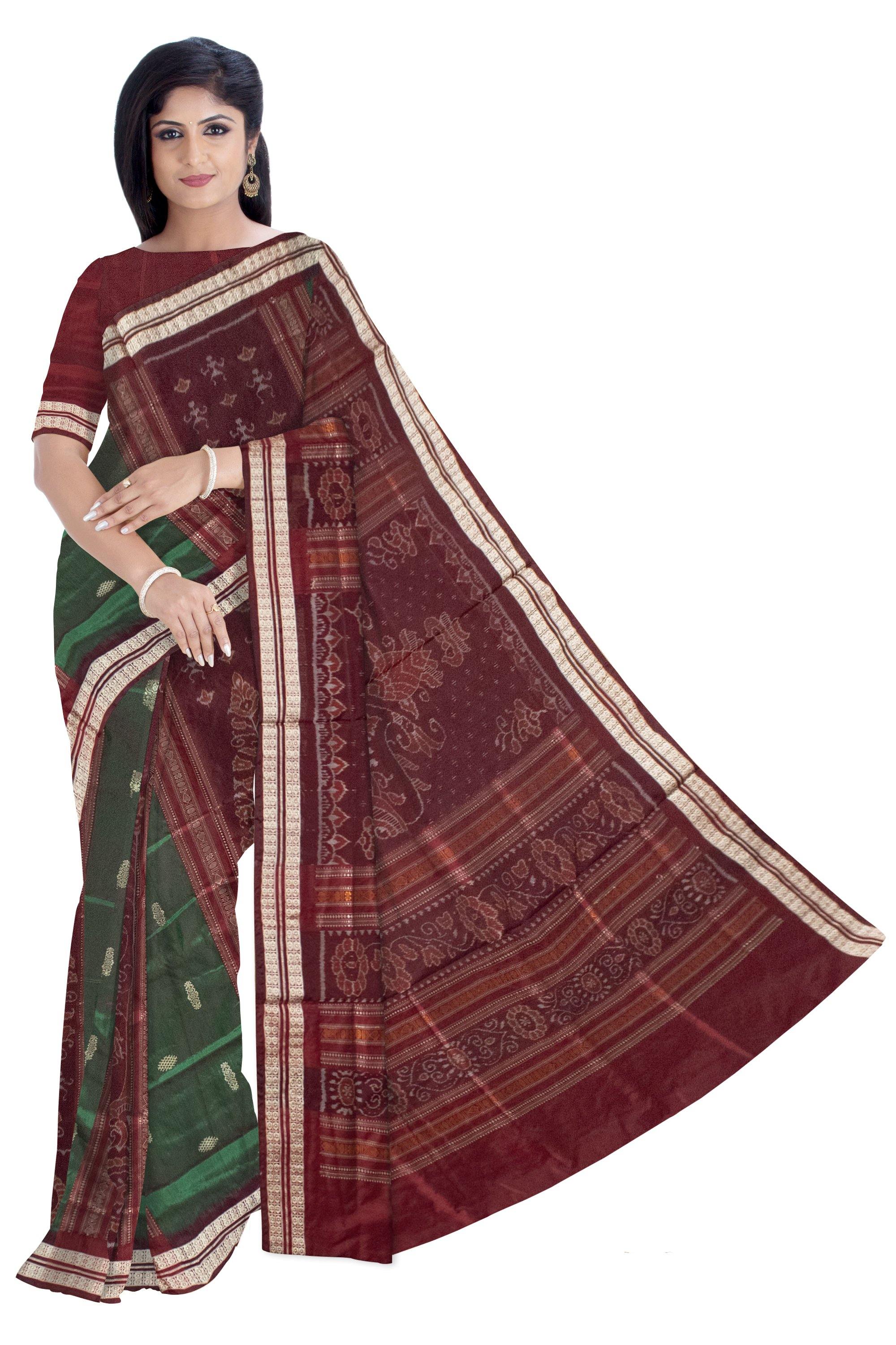 Latest design Pata saree in green and brown and flora print with blouse Piece - Koshali Arts & Crafts Enterprise