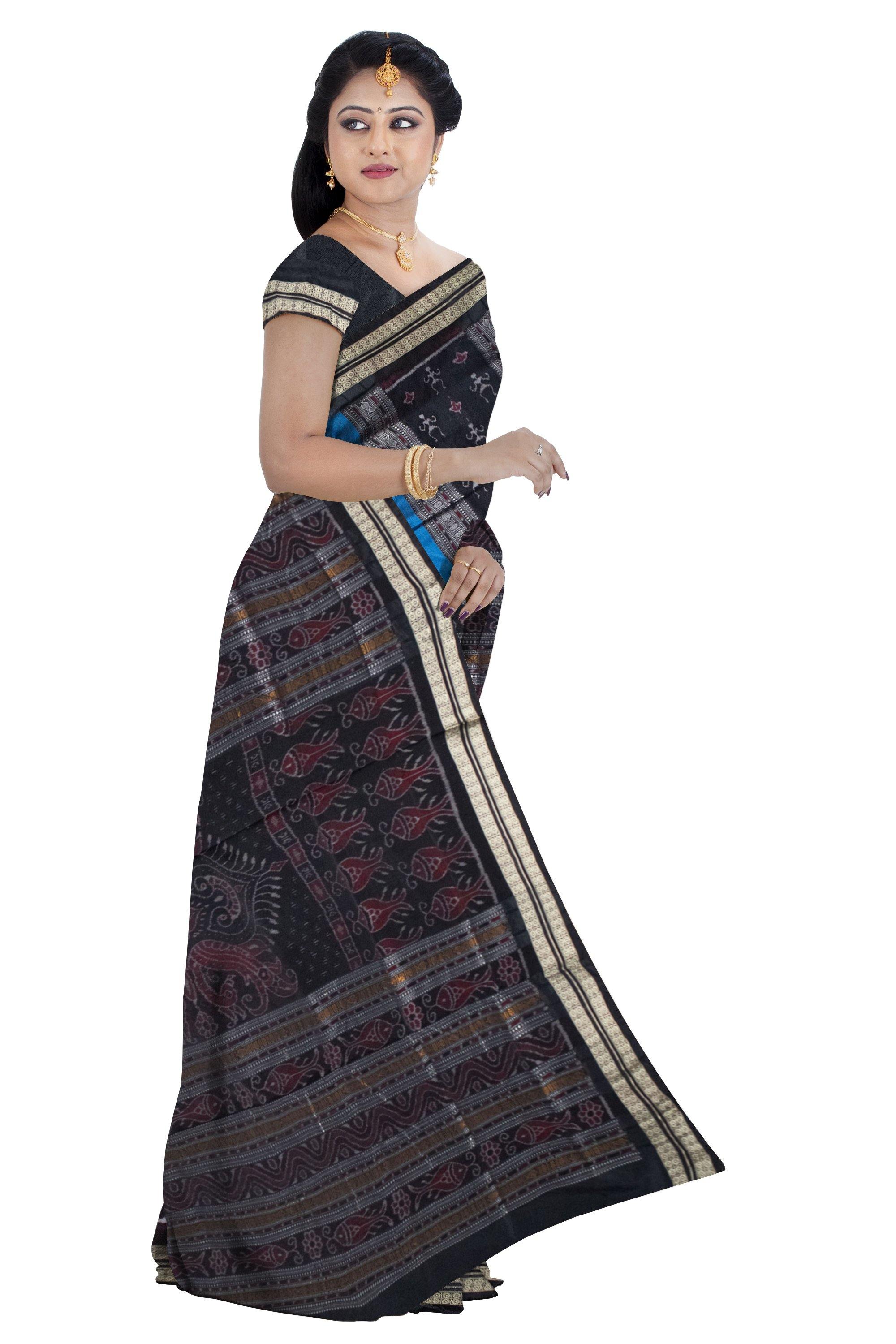 Latest design Pata saree in blue and black and flora print with blouse Piece - Koshali Arts & Crafts Enterprise