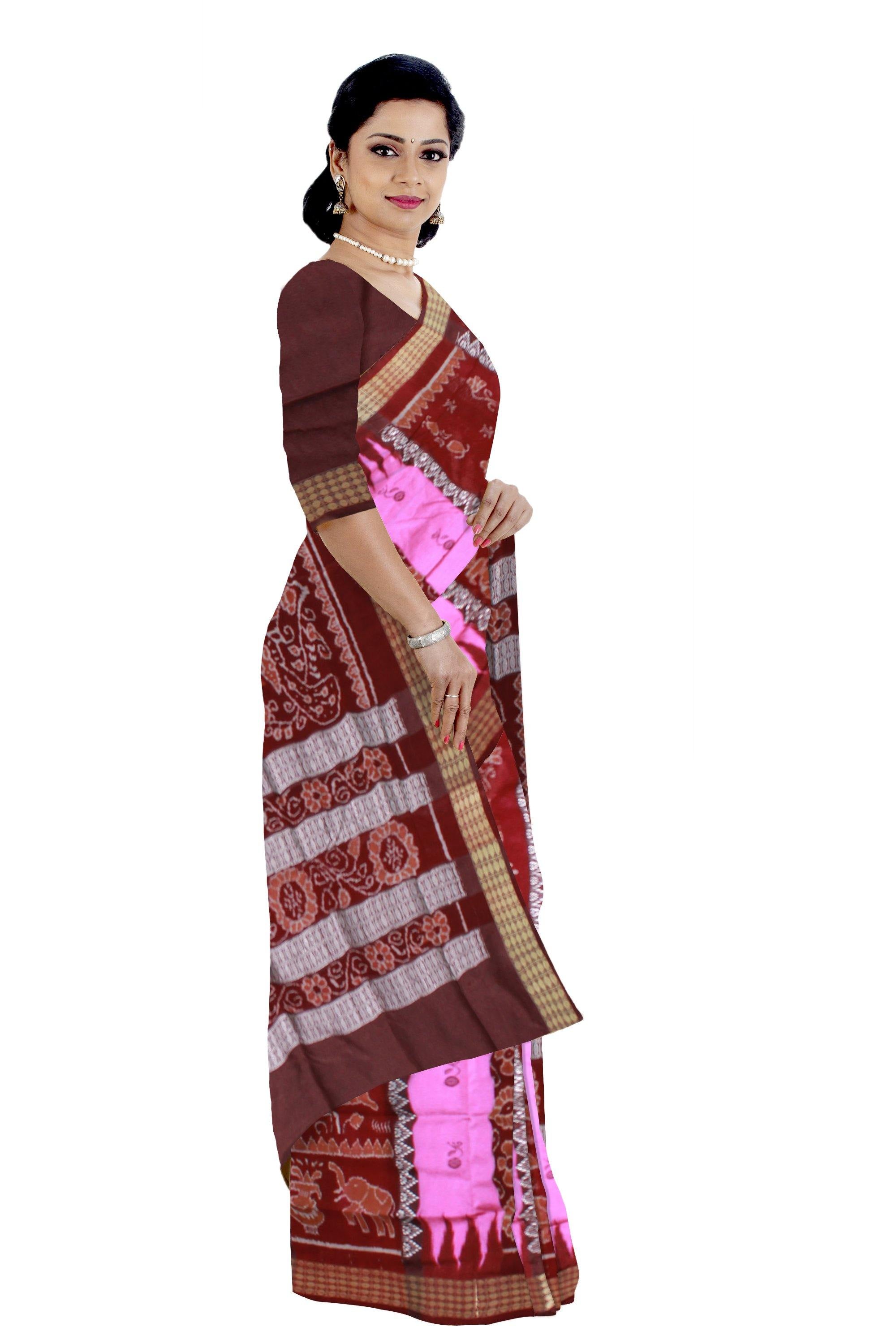 Latest design Pata saree in Pink and Brown color & Flower Bomkei with blouse Piece - Koshali Arts & Crafts Enterprise