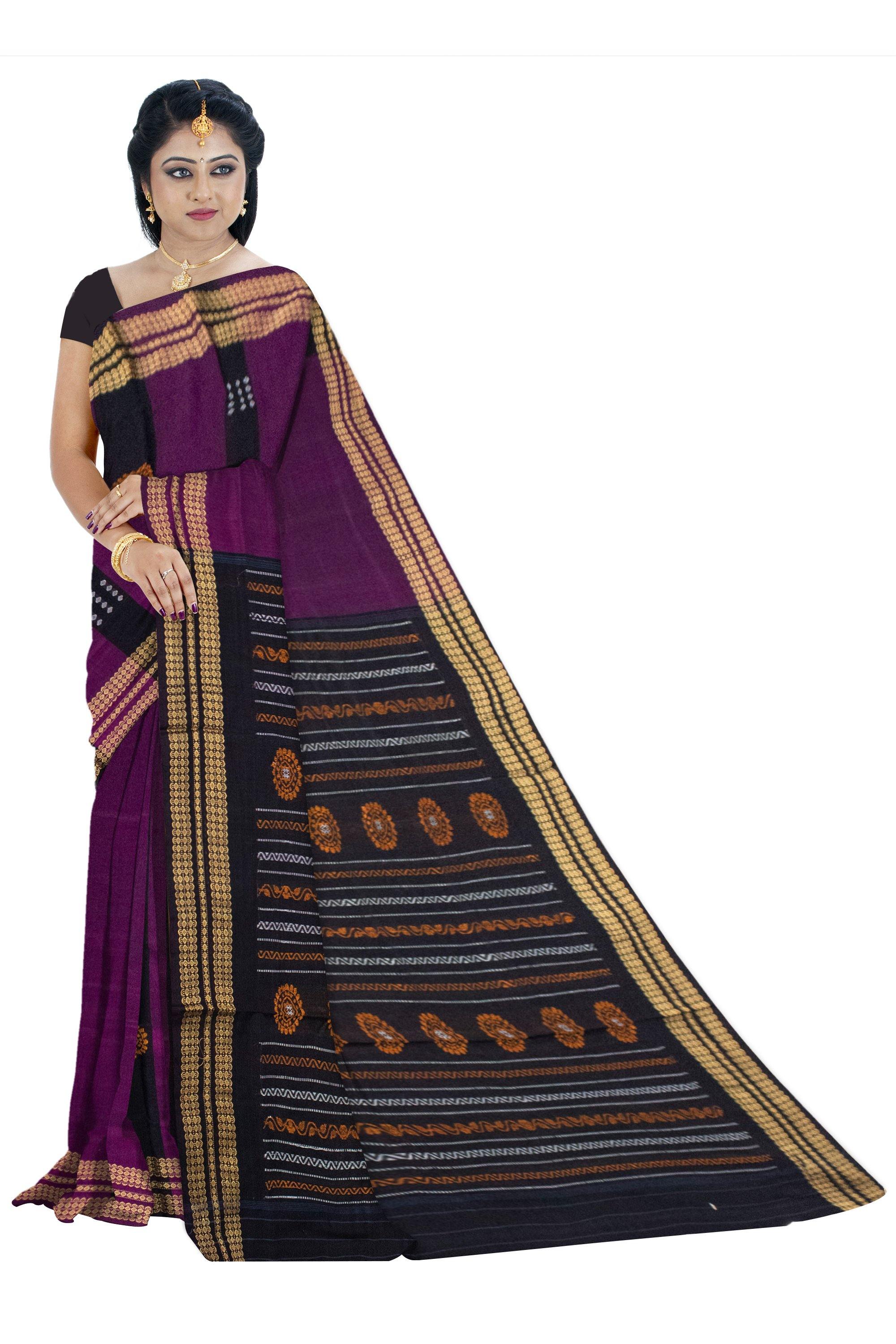 Sambalpuri Violeta color cotton saree with Black Lining and Bomkei pattern. - Koshali Arts & Crafts Enterprise