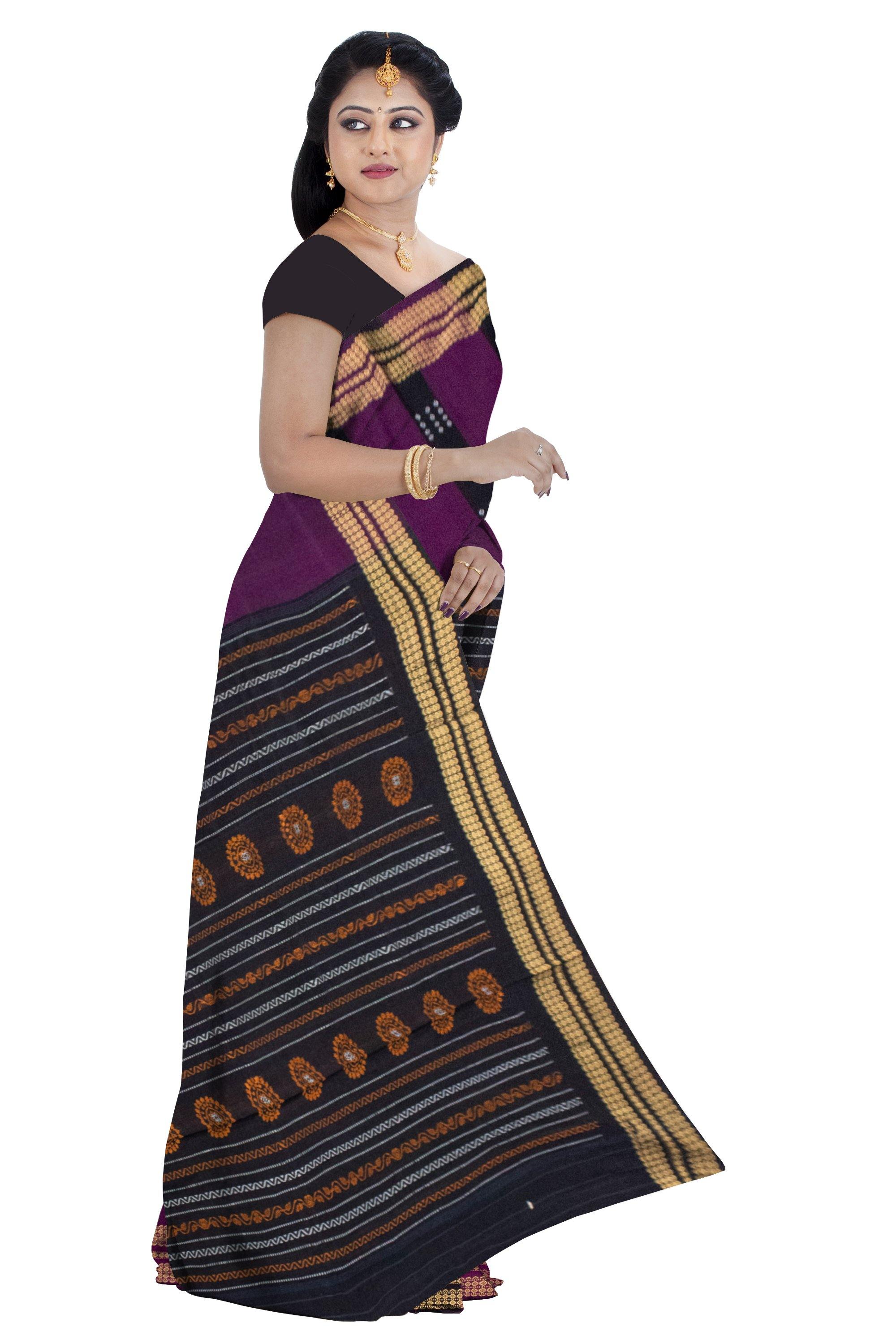 Sambalpuri Violeta color cotton saree with Black Lining and Bomkei pattern. - Koshali Arts & Crafts Enterprise