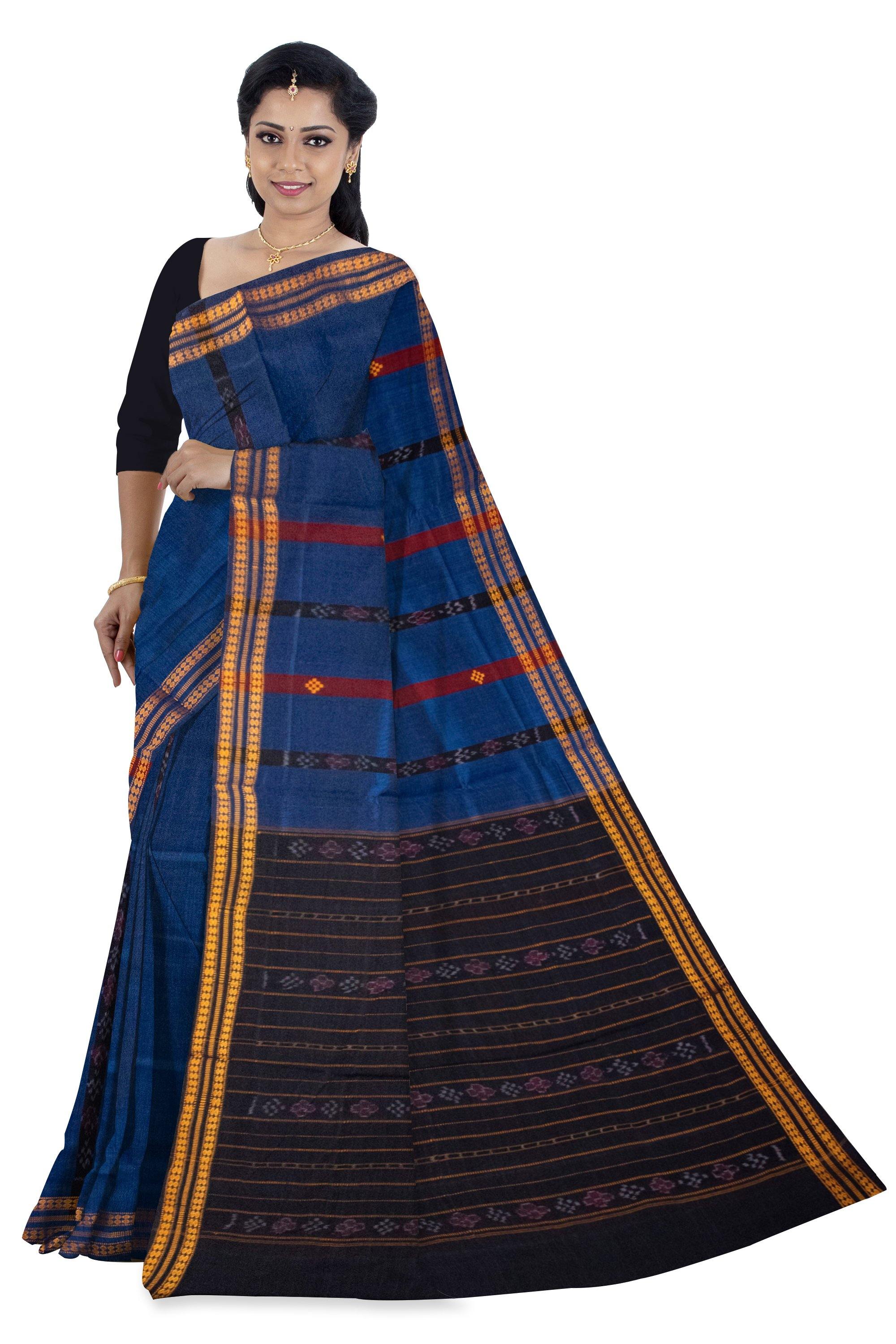 Sambalpuri Blue color cotton saree with Maroon Lining and Bomkei pattern. - Koshali Arts & Crafts Enterprise