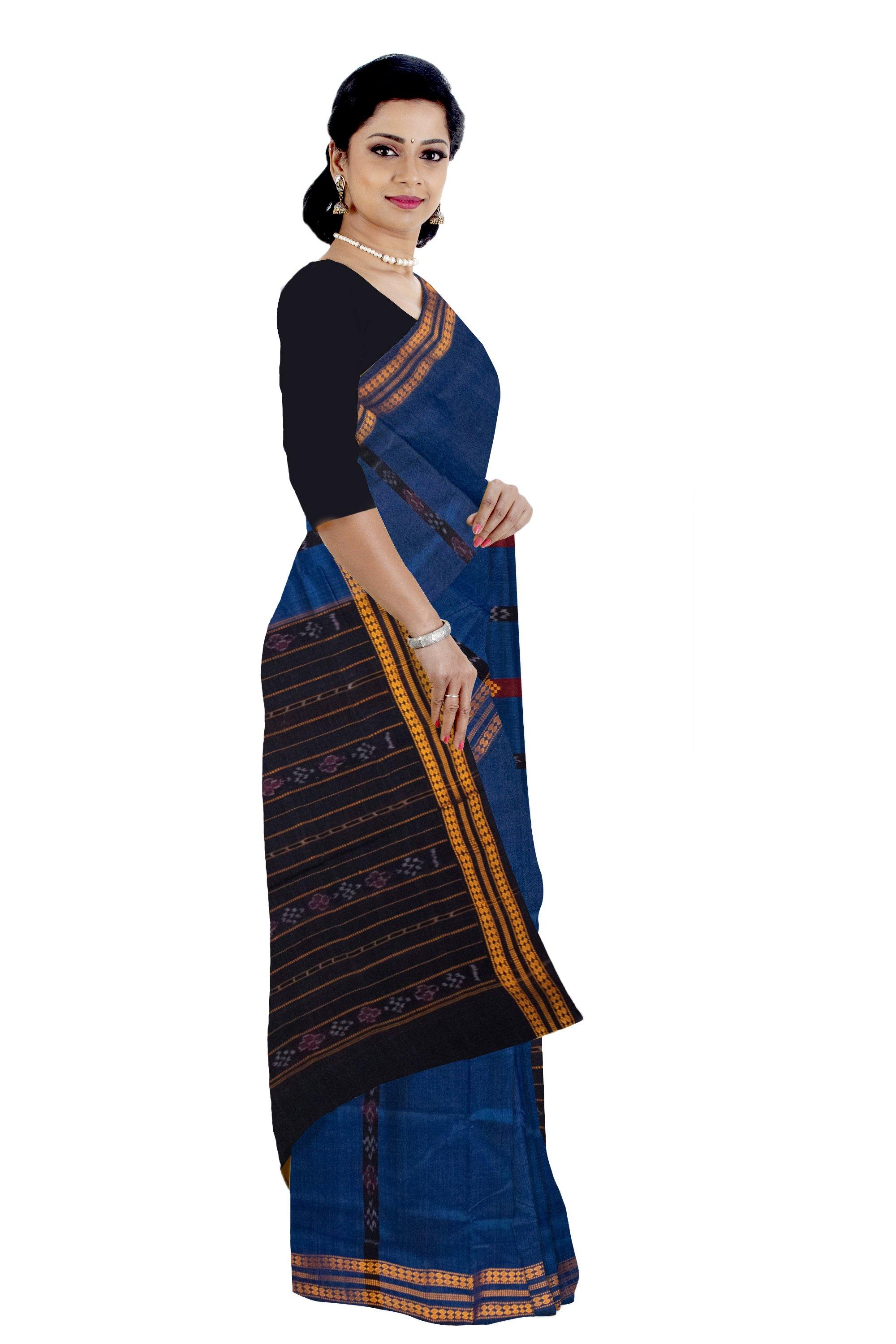 Sambalpuri Blue color cotton saree with Maroon Lining and Bomkei pattern. - Koshali Arts & Crafts Enterprise