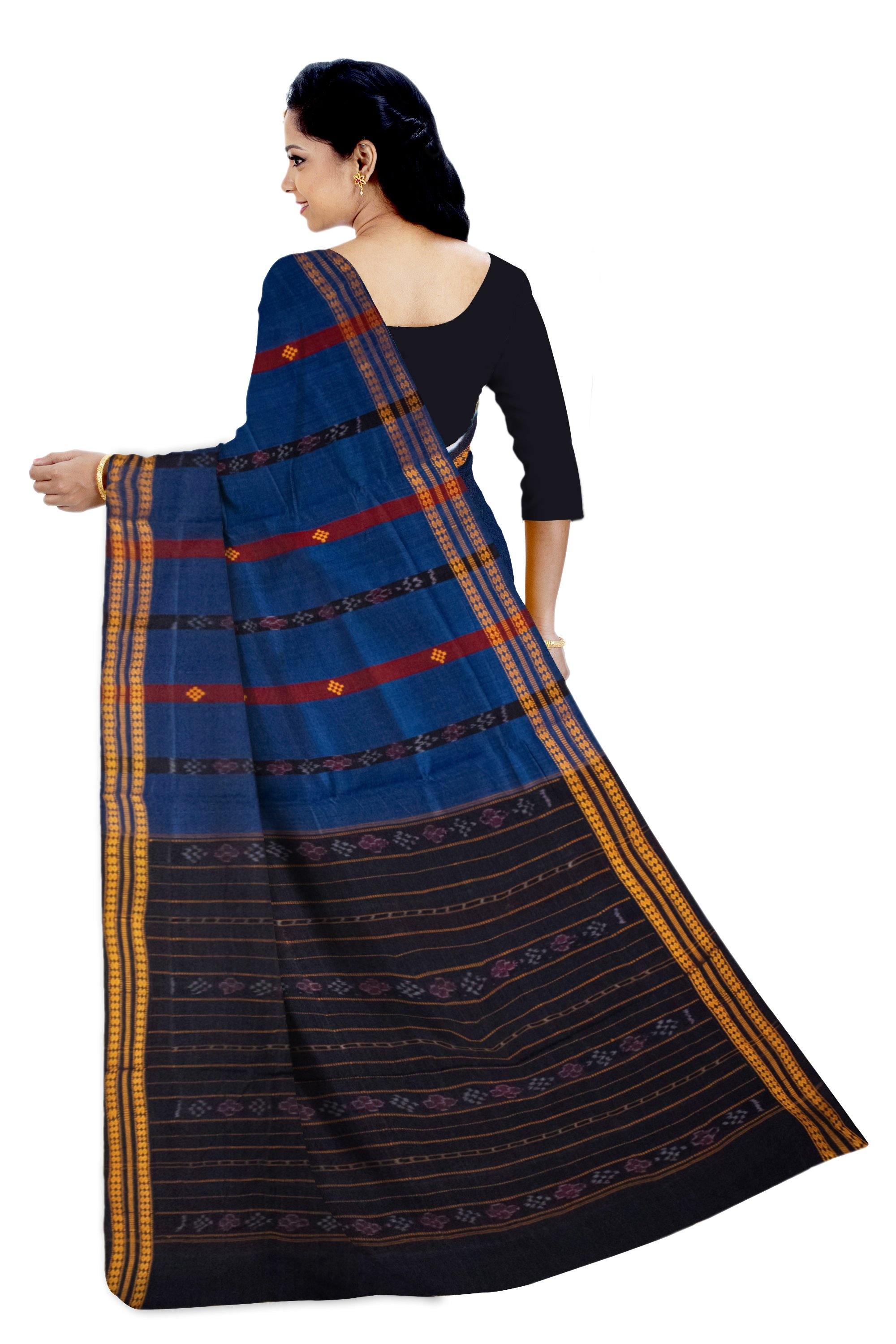 Sambalpuri Blue color cotton saree with Maroon Lining and Bomkei pattern. - Koshali Arts & Crafts Enterprise