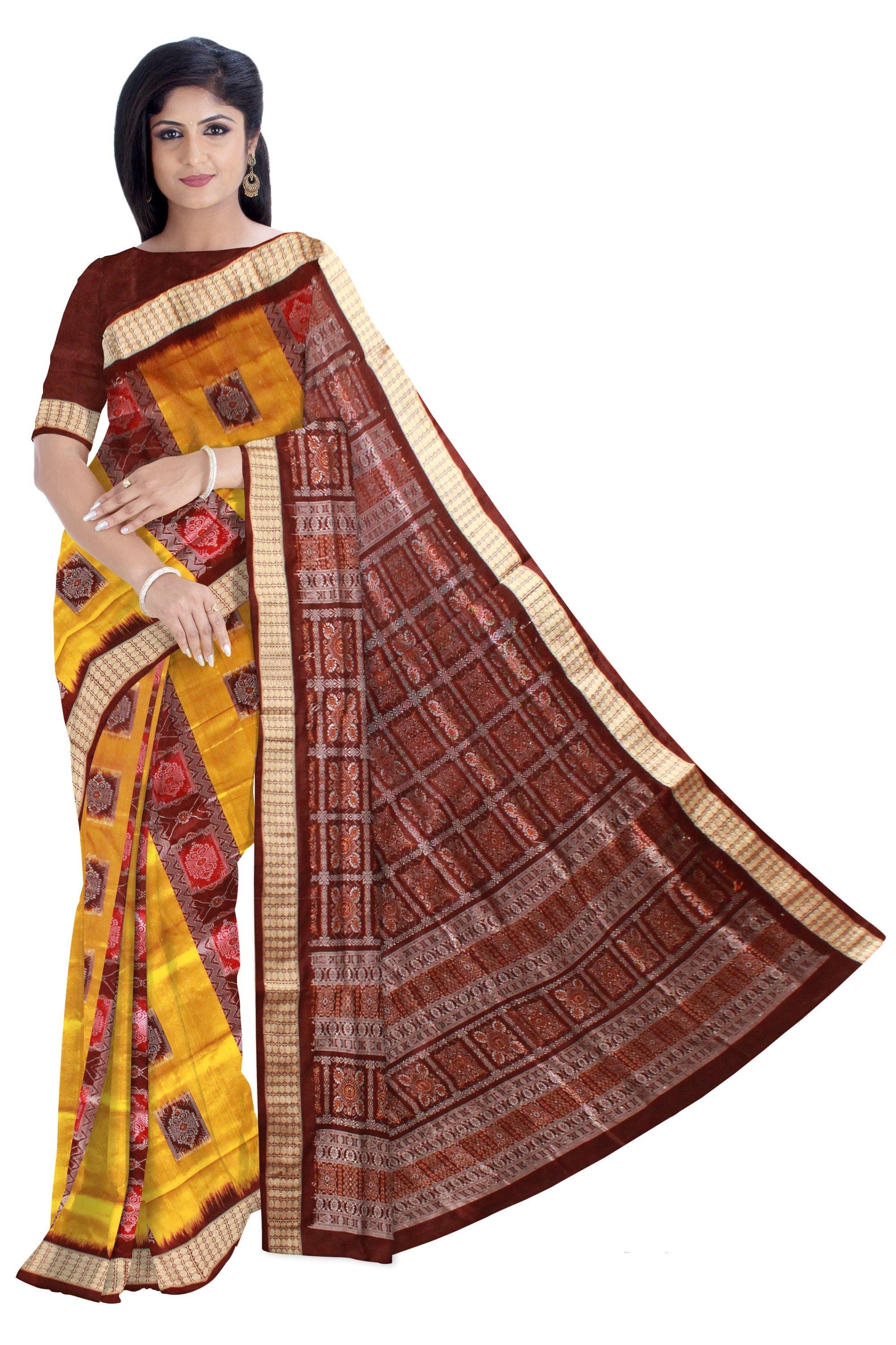 Yellow Color Pata saree with Maroon lining with blouse piece. - Koshali Arts & Crafts Enterprise