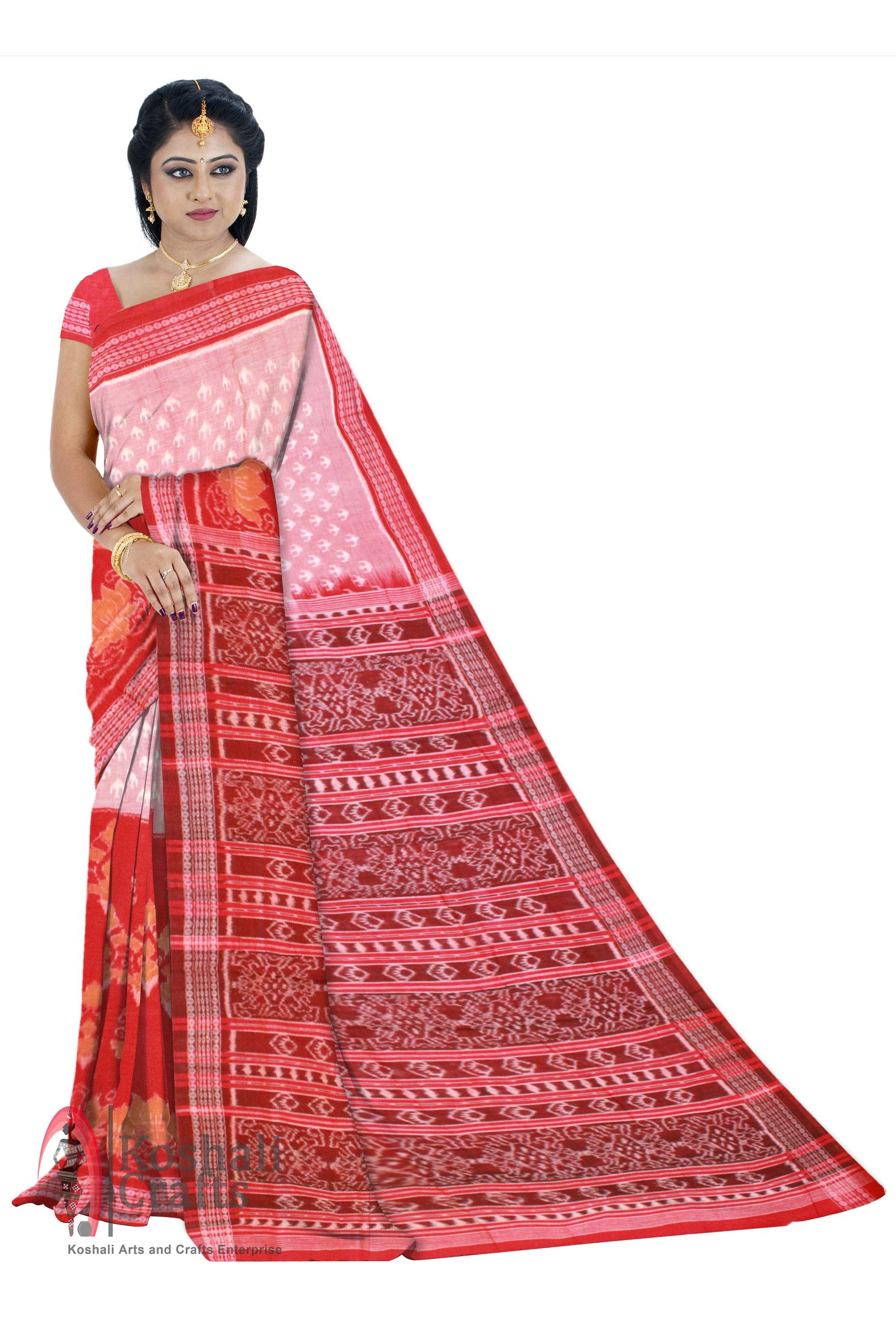 Sambalpuri IKAT Cotton Light Pink & Red Body, Lotus print saree with blouse piece - Koshali Arts & Crafts Enterprise