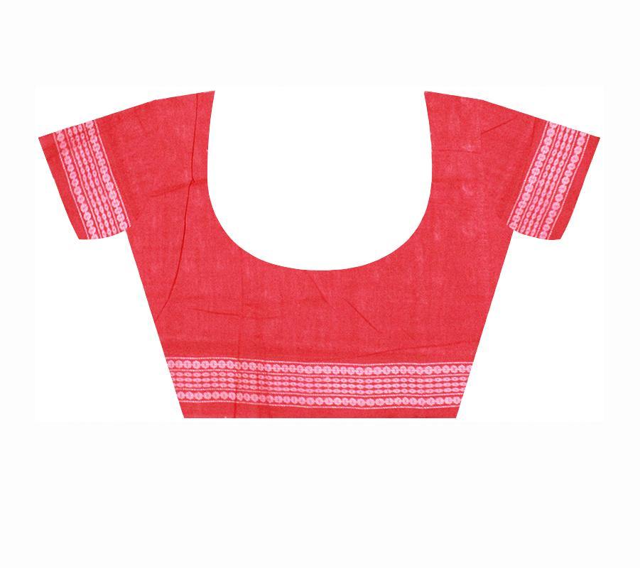 Sambalpuri IKAT Cotton Light Pink & Red Body, Lotus print saree with blouse piece - Koshali Arts & Crafts Enterprise
