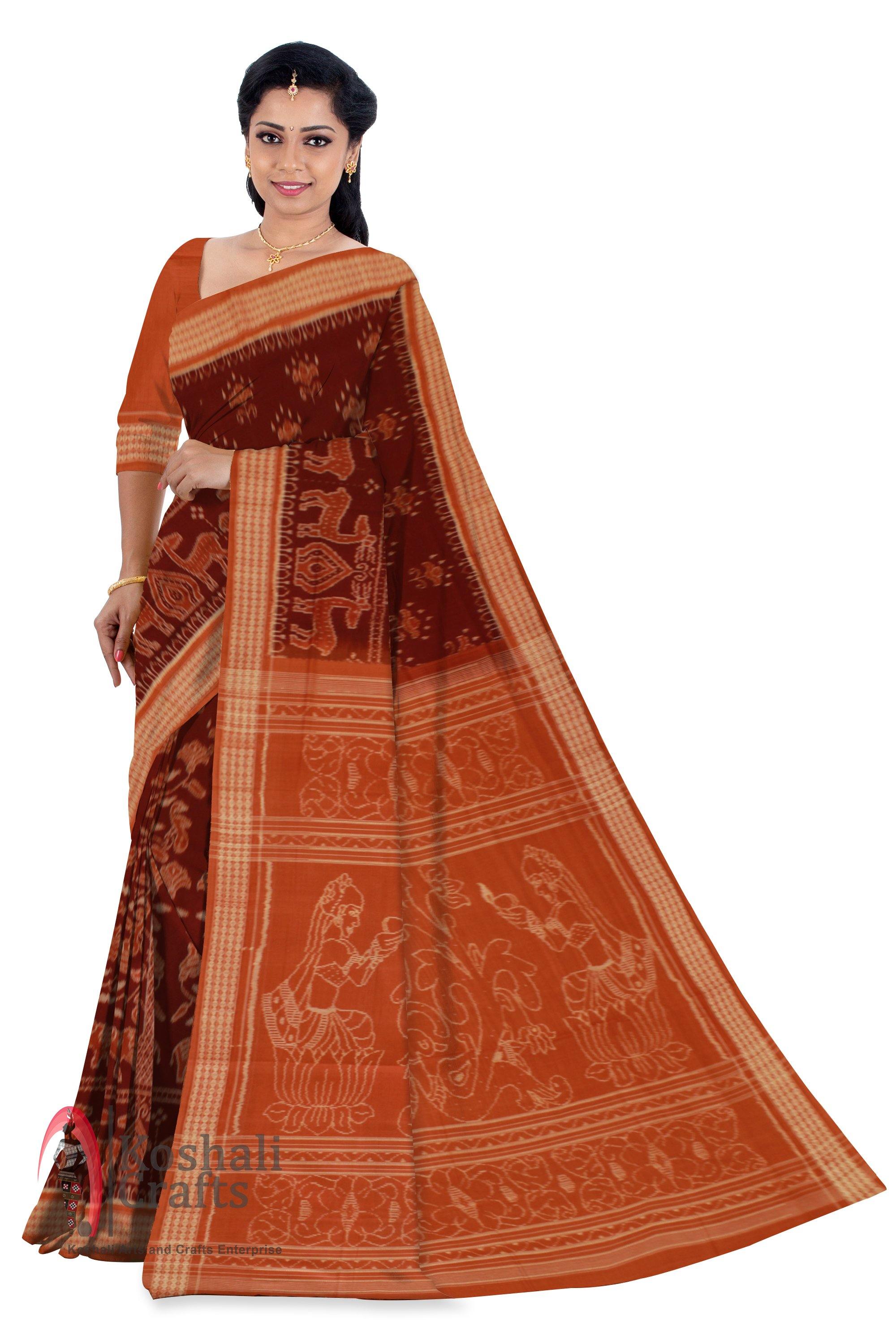 Sambalpuri  handwoven tradition Brown Flower print IKAT Saree with blouse piece - Koshali Arts & Crafts Enterprise