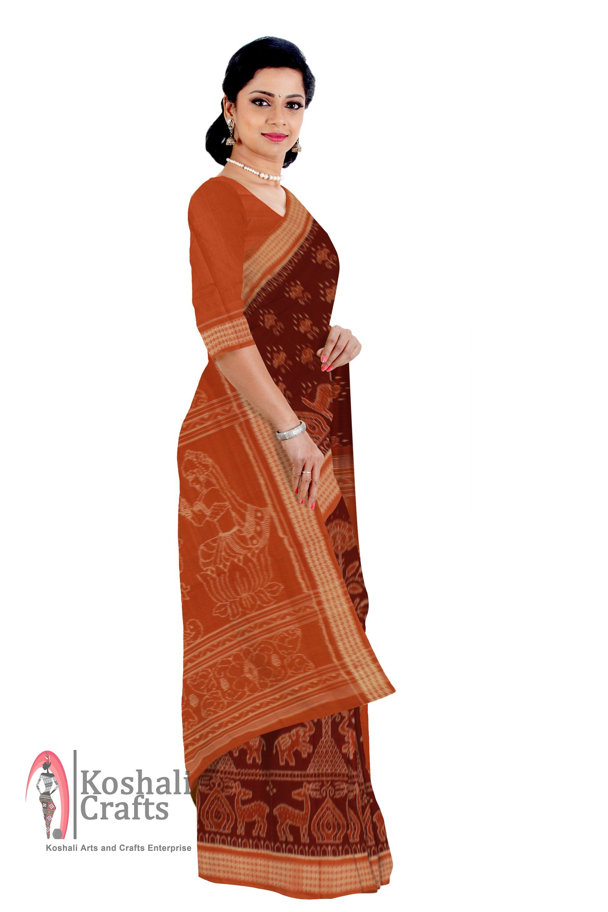 Sambalpuri  handwoven tradition Brown Flower print IKAT Saree with blouse piece - Koshali Arts & Crafts Enterprise