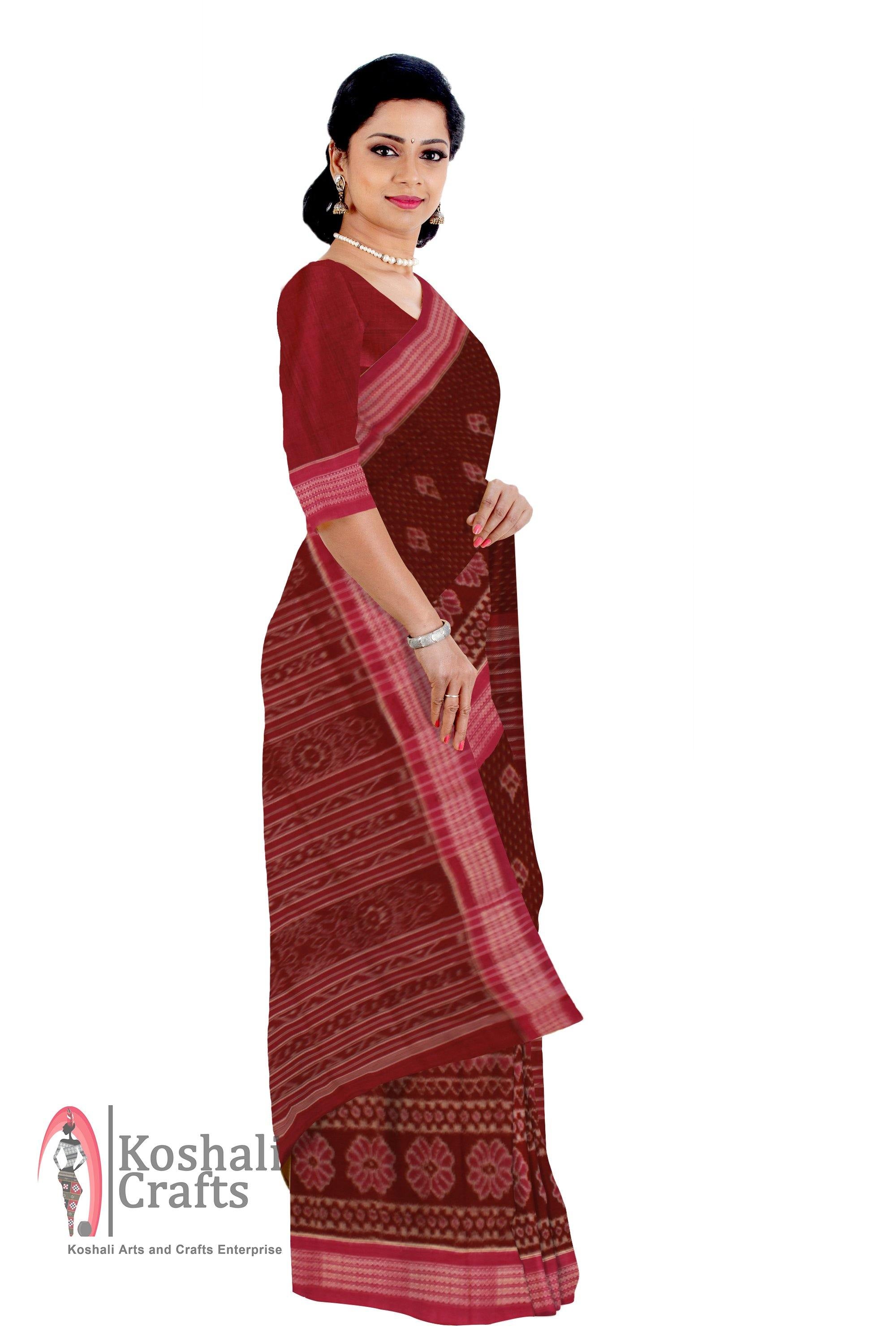 Handwoven Rudraksh print Maroon Barpali Sambalpuri IKAT saree with blouse piece - Koshali Arts & Crafts Enterprise