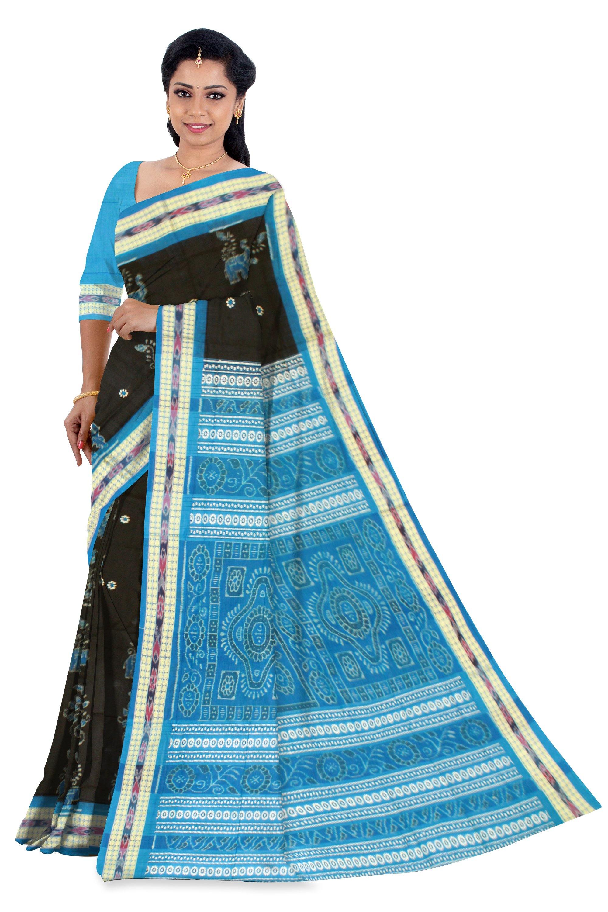 Sambalpuri handwoven traditional cotton saree in black & sky blue color with blouse piece - Koshali Arts & Crafts Enterprise
