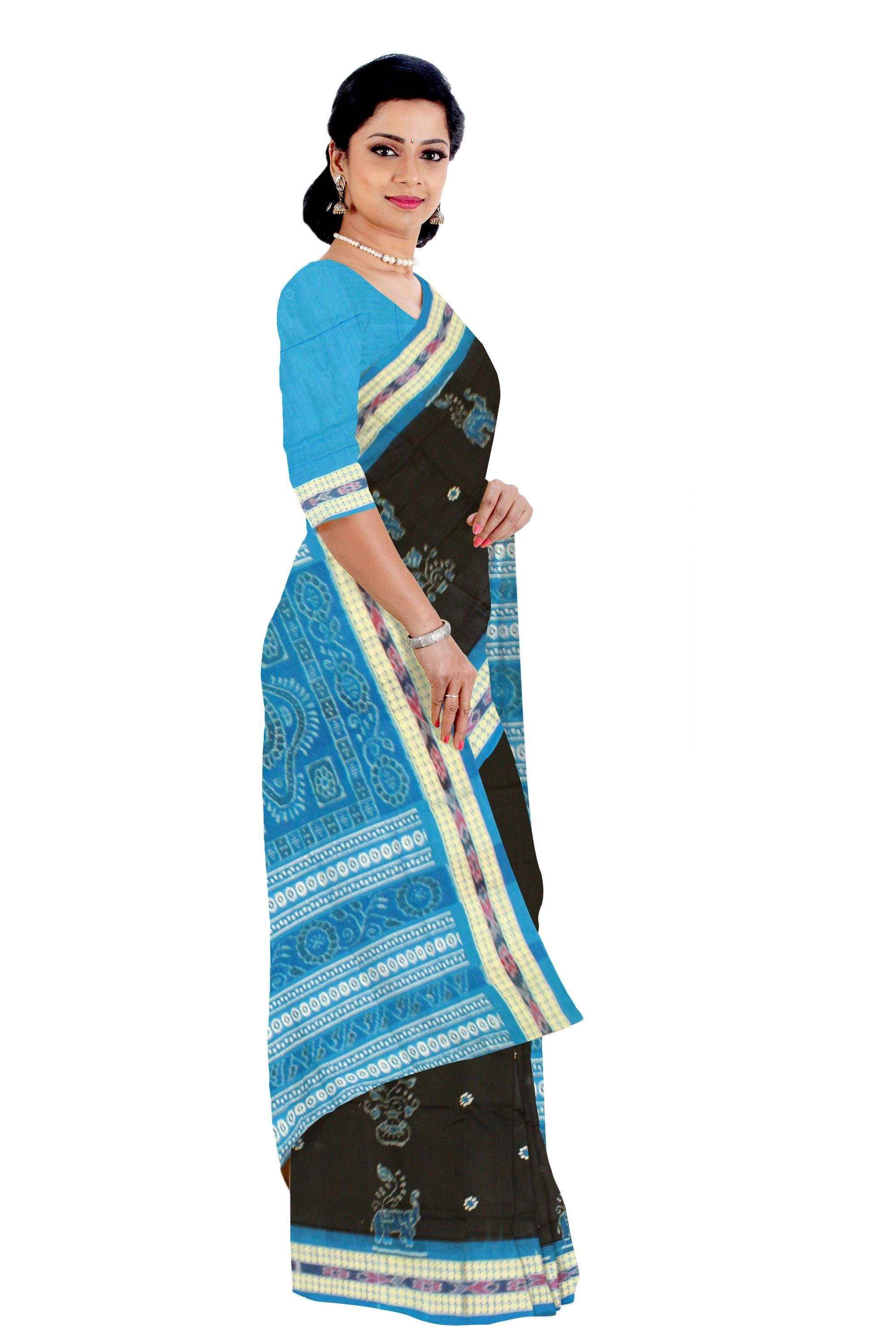 Sambalpuri handwoven traditional cotton saree in black & sky blue color with blouse piece - Koshali Arts & Crafts Enterprise