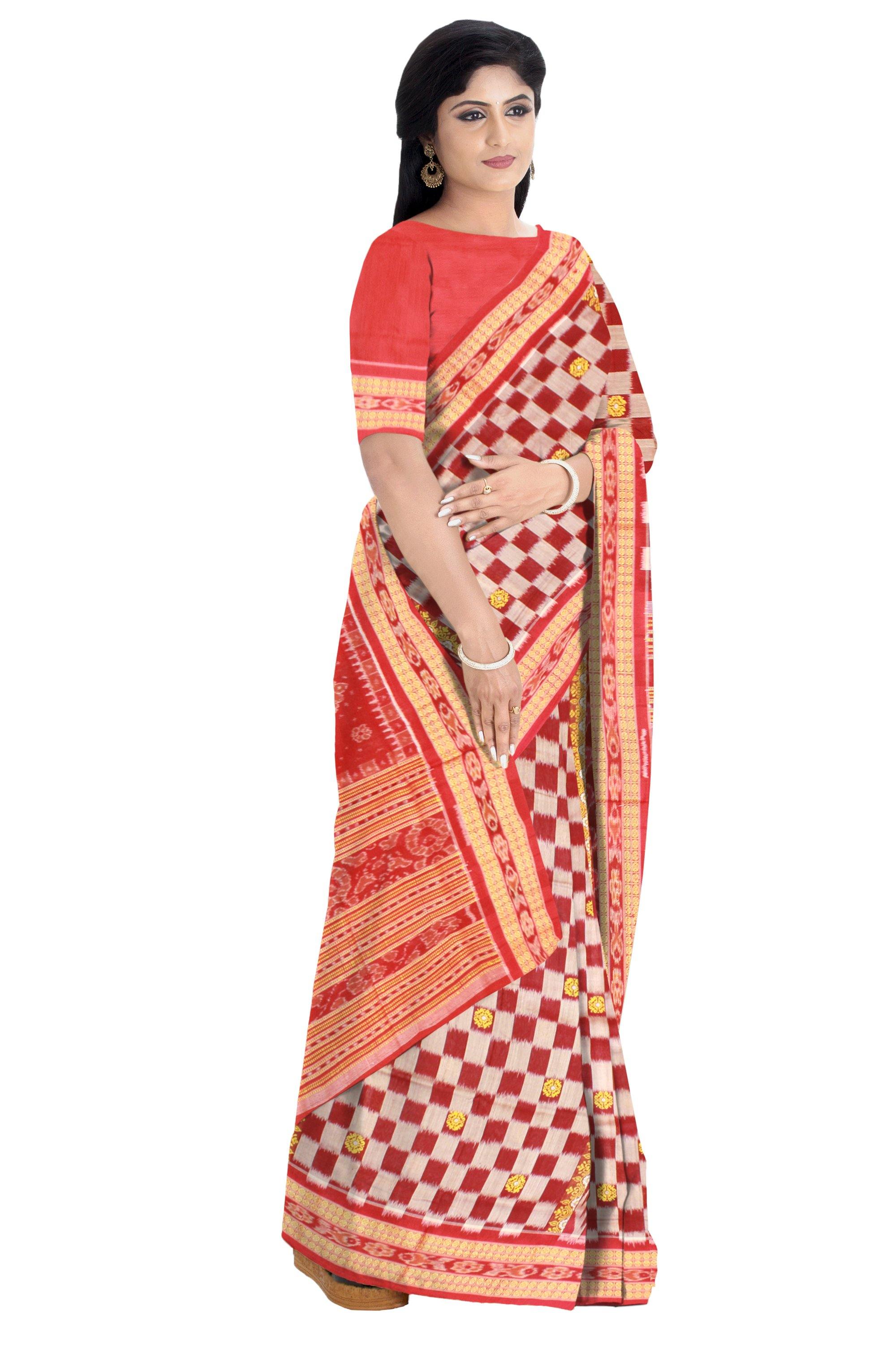 Authentic Sambalpuri Cotton Sapta saree, with flower print in body. ( With Blouse piece) - Koshali Arts & Crafts Enterprise
