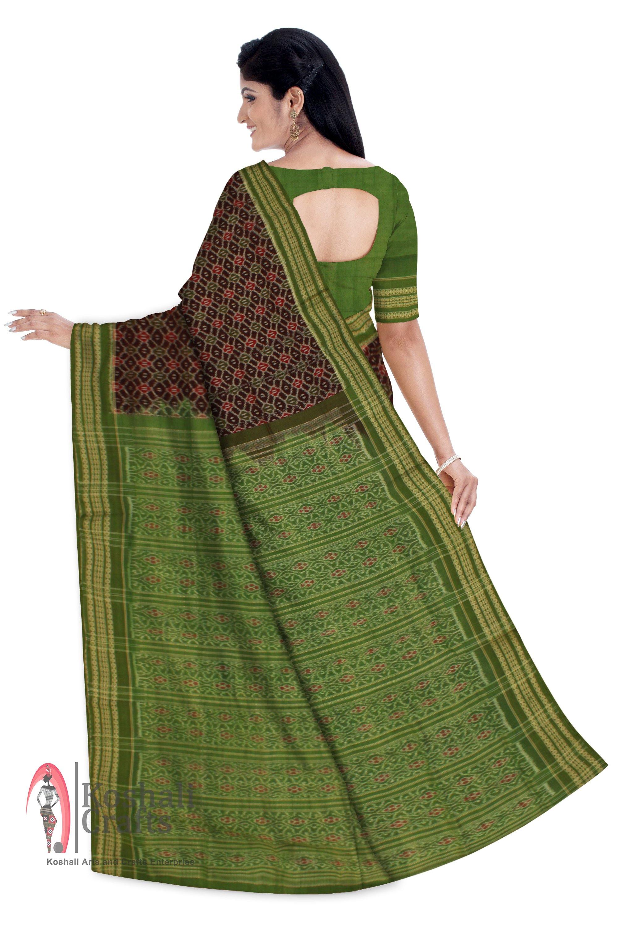 Exclusive Sambalpuri Rudrakhya print Barpali saree with Flower printed Pallu in Green Color - Koshali Arts & Crafts Enterprise
