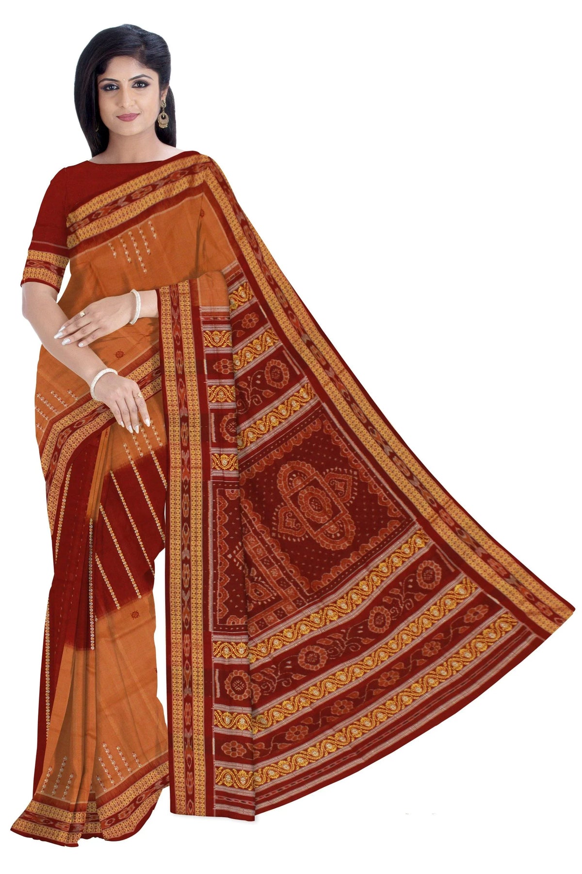 Exclusive Handwoven Sambalpuri Lining Bomkei pattern saree in Brown an