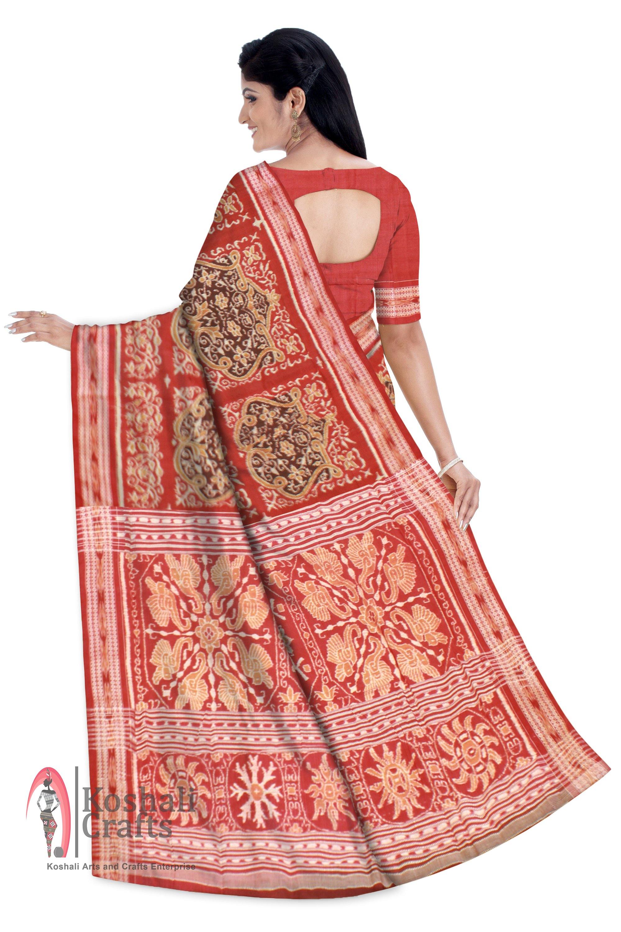 Authentic Sambalpuri Saree in brown color with large flower pattern with blouse piece - Koshali Arts & Crafts Enterprise